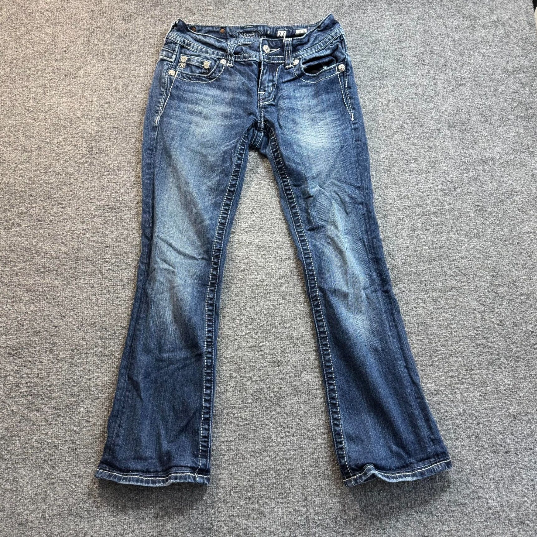 VINTAGE Miss Me Women's Bootcut Jeans 26x27 Low Rise Stretch Blue Embellished Flap Pockets Y2K