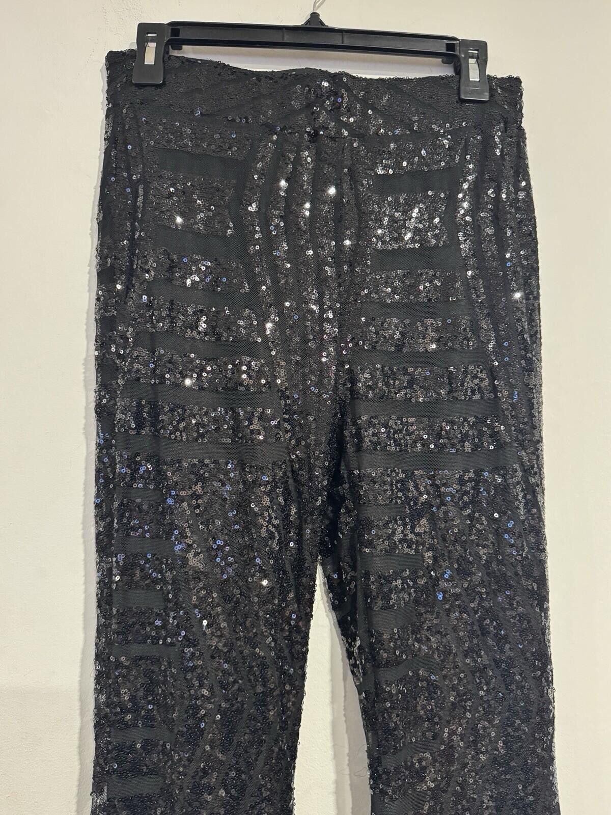 The Unbranded Brand Black Sequin Flare Pants Stretch High Rise Glam Womens Sz L Size 36" / US 14 / IT 50 - 10 Thumbnail