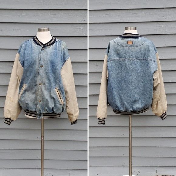 Vintage Vintage 90s y2k Varsity 2 Tone Blue Jean Tan Denim Bomber Size US L / EU 52-54 / 3 - 1 Thumbnail