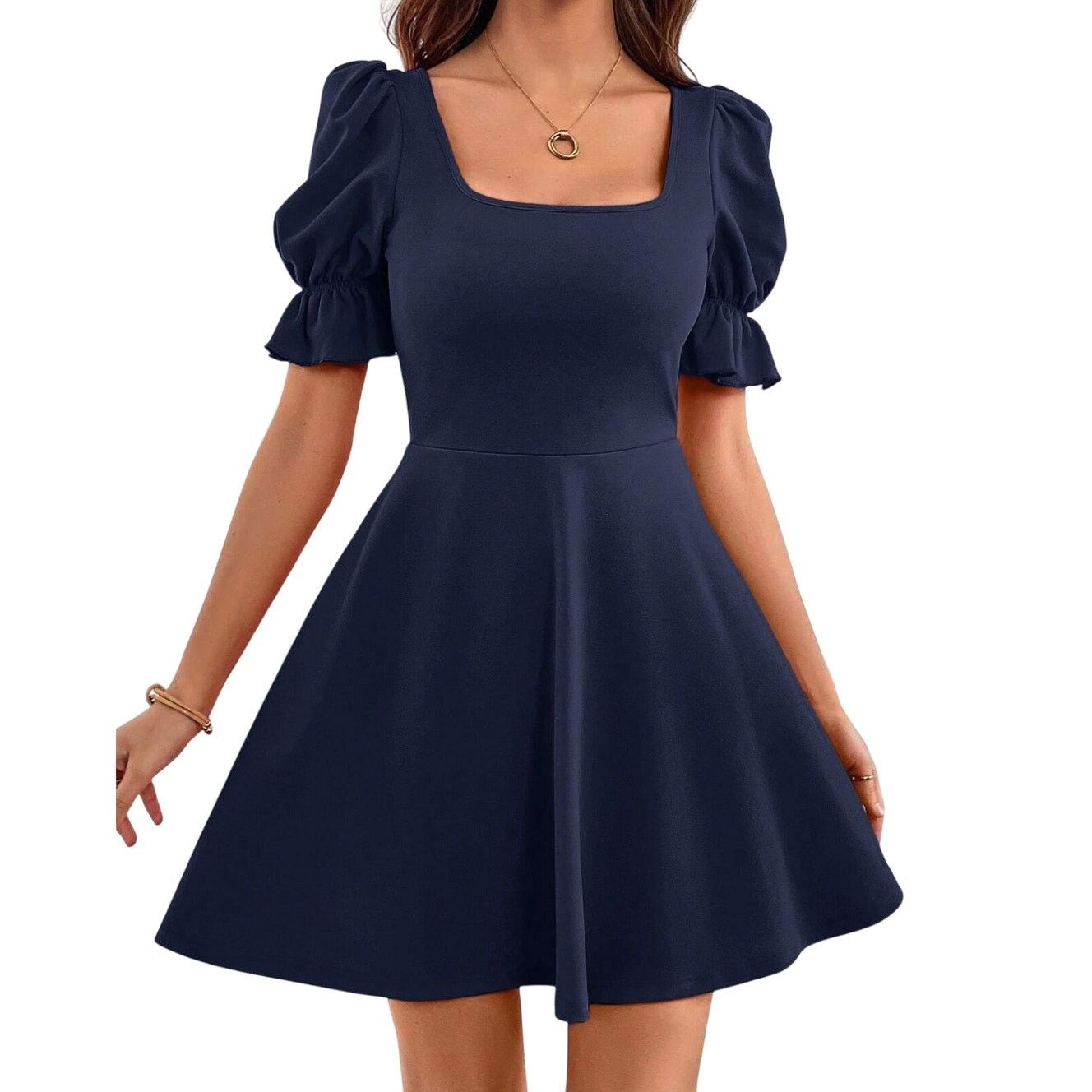 Shein Square Neck Puff Sleeve A-line Dress in Blue, Size S | Grailed