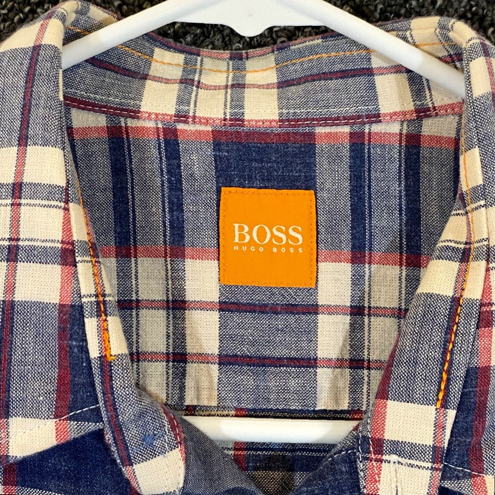 Hugo Boss HUGO BOSS Orange Shirt Mens Large Blue Red Plaid Button Up Pocket Dress Top L/S Size US L / EU 52-54 / 3 - 2 Thumbnail