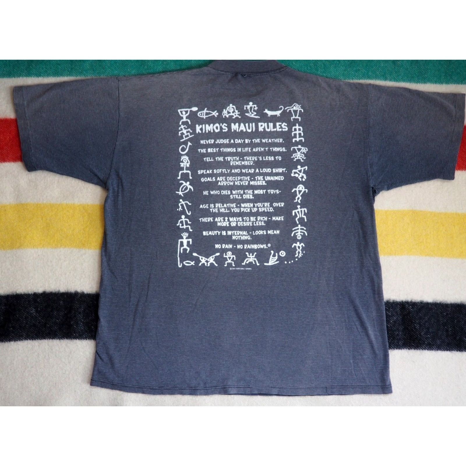 Rains VTG 90s Kimo Maui Hawaii Rules No Rain Gray Striped Faded Tee T-Shirt Mens L Size US L / EU 52-54 / 3 - 2 Thumbnail
