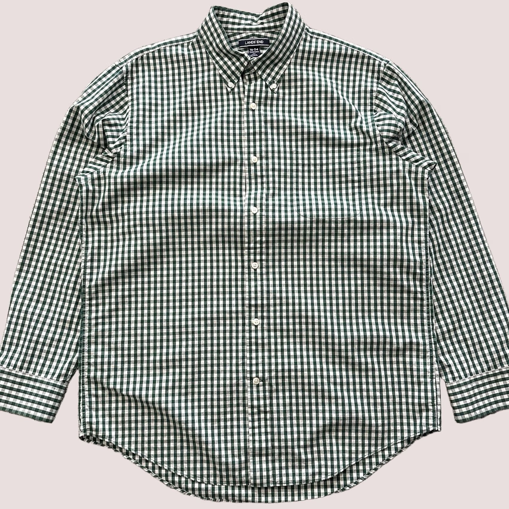 Lands' End Lands' End Shirt Mens 16 34 Long Sleeve Button-Down Green Traditional Fit Gingham Size US L / EU 52-54 / 3 - 1 Thumbnail