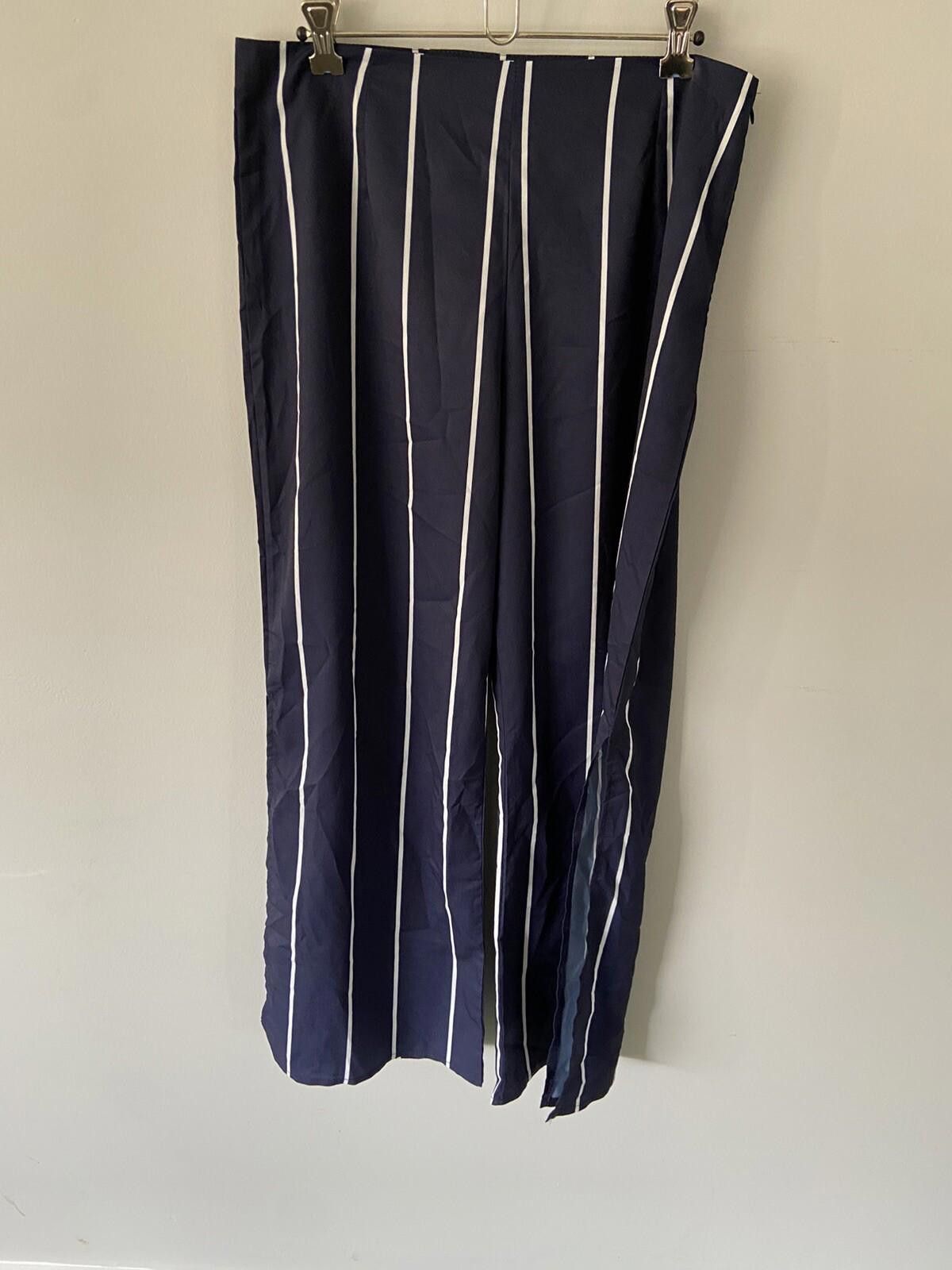 Designer Zaful Blue White Stripped Pants w Side Split NEW - Sz XL Size 40" / US 18 - 2 Thumbnail
