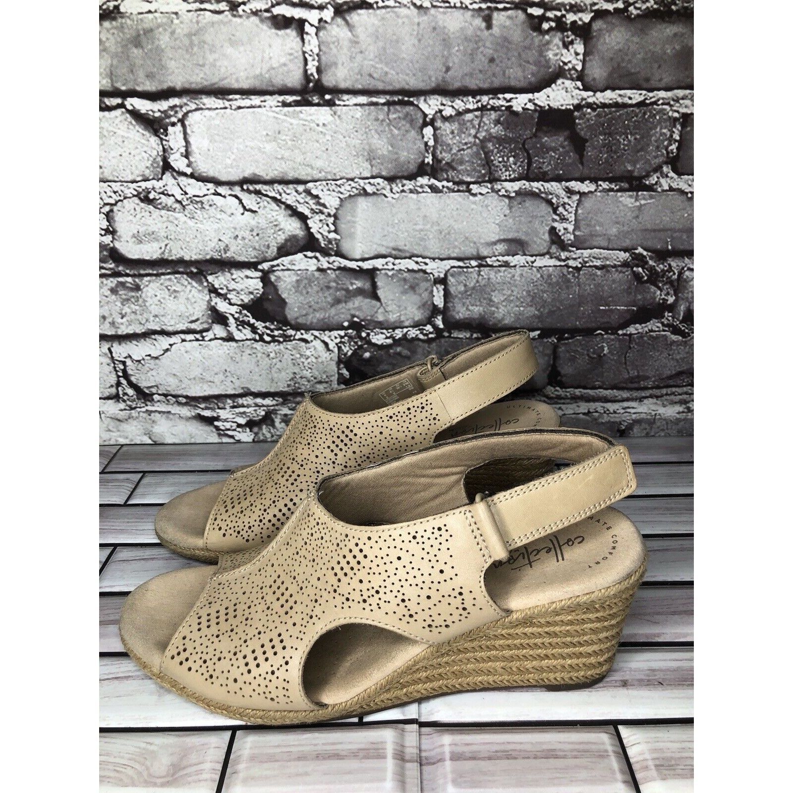 Clarks Clarks Beige Leather Perforated Strap Espadrilles Wedge Sand Size US 8.5 / IT 38.5 - 16 Thumbnail