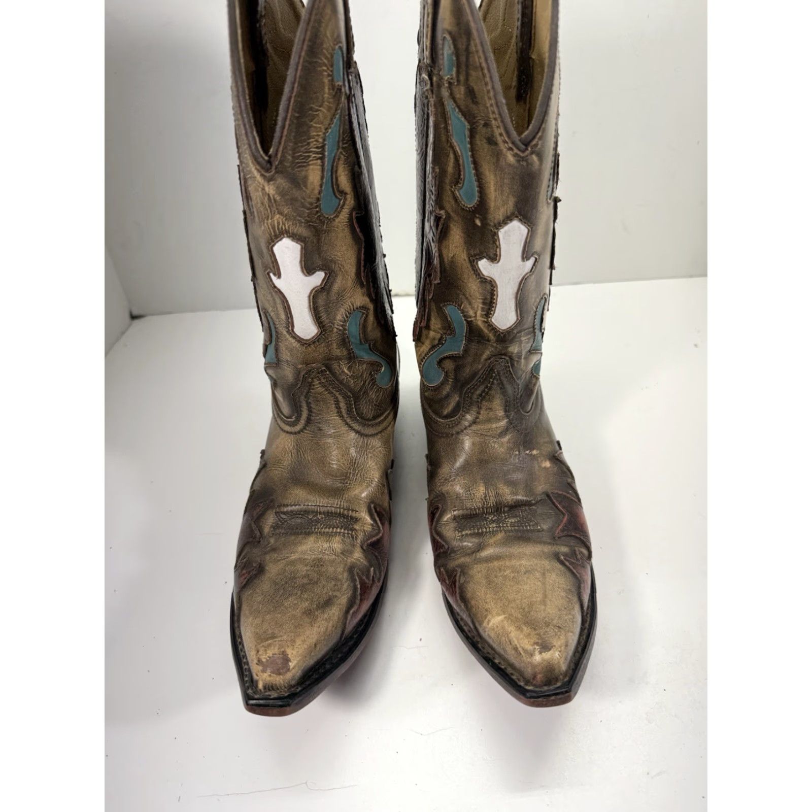 Vintage Smoky Mountain Boots Boots Men 9.5 D Brown Leather Inlay White Cross Snipped Toe 6229 Brown Leather Western United States Mens Size US 10 / EU 43 - 2 Thumbnail