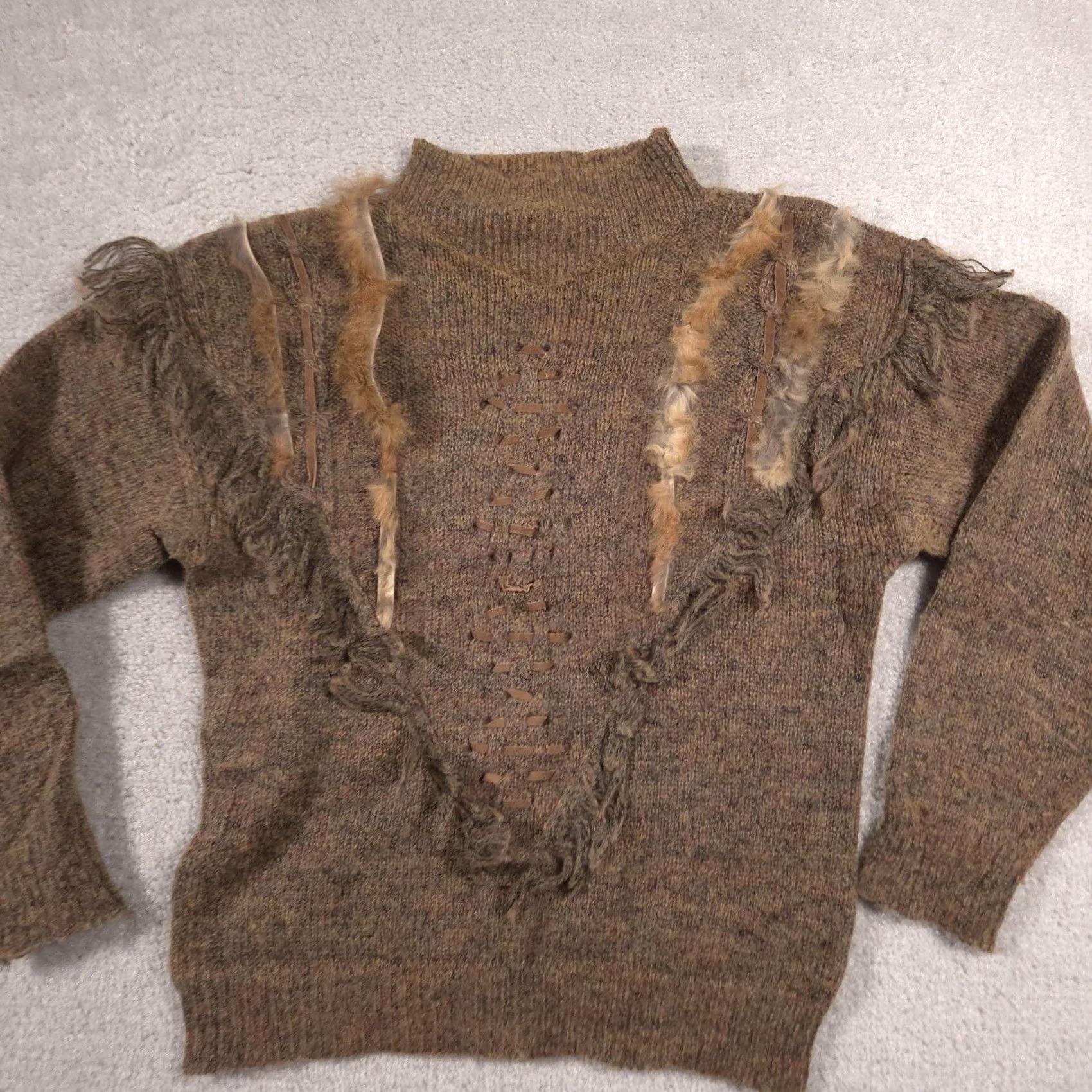 Vintage VINTAGE Gitano Sweater Womens Large Brown Mock Neck Fringe Fur Trim Boho Knit Size L / US 10 / IT 46 - 3 Thumbnail