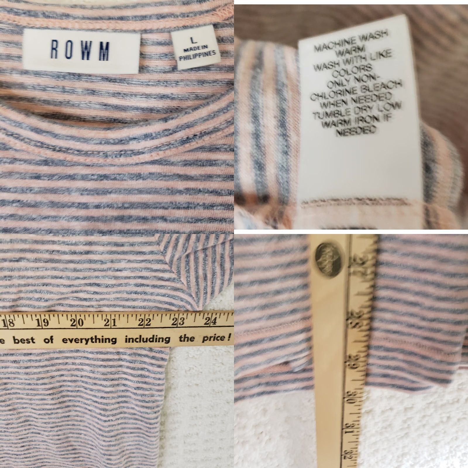 Vintage ROWM Shirt Men L Gray Peach Striped Crew Neck Short Sleeve Cotton Knit T-Shirt, Regular, All Seasons, Easy Care, Rowm Labels & Logos Size US L / EU 52-54 / 3 - 8 Thumbnail