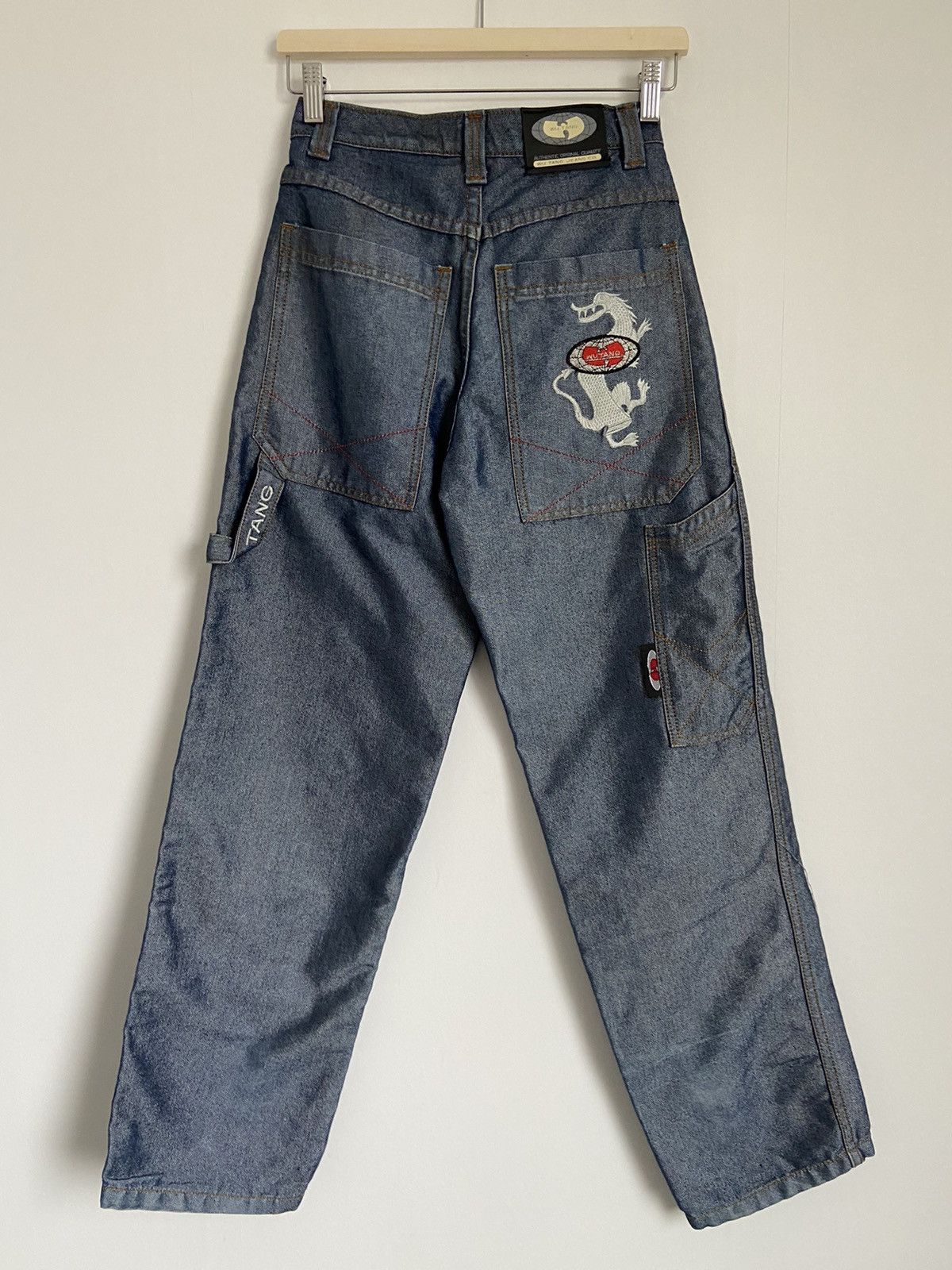 image of Wu Tang Clan Rap Y2K Denim Baggy Jeans Big Pockets Dragon in Blue, Women's (Size 26)