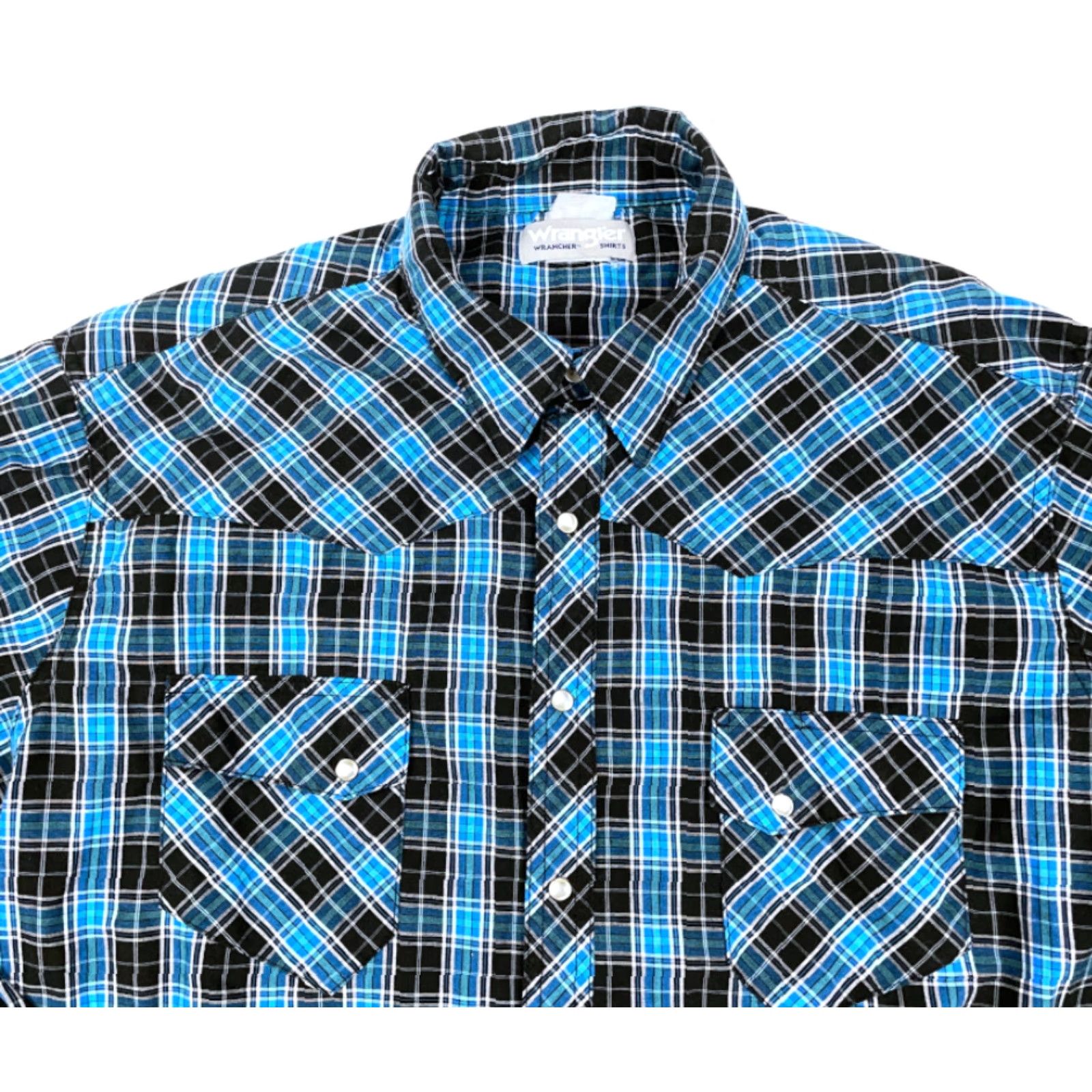 Wrangler VINTAGE Wrangler Wrancher Blue Black Plaid Western Shirt Men 2XL Pearl Snap Button Casual Workwear Cotton Blend Pockets Long Sleeve Size US XXL / EU 58 / 5 - 4 Thumbnail