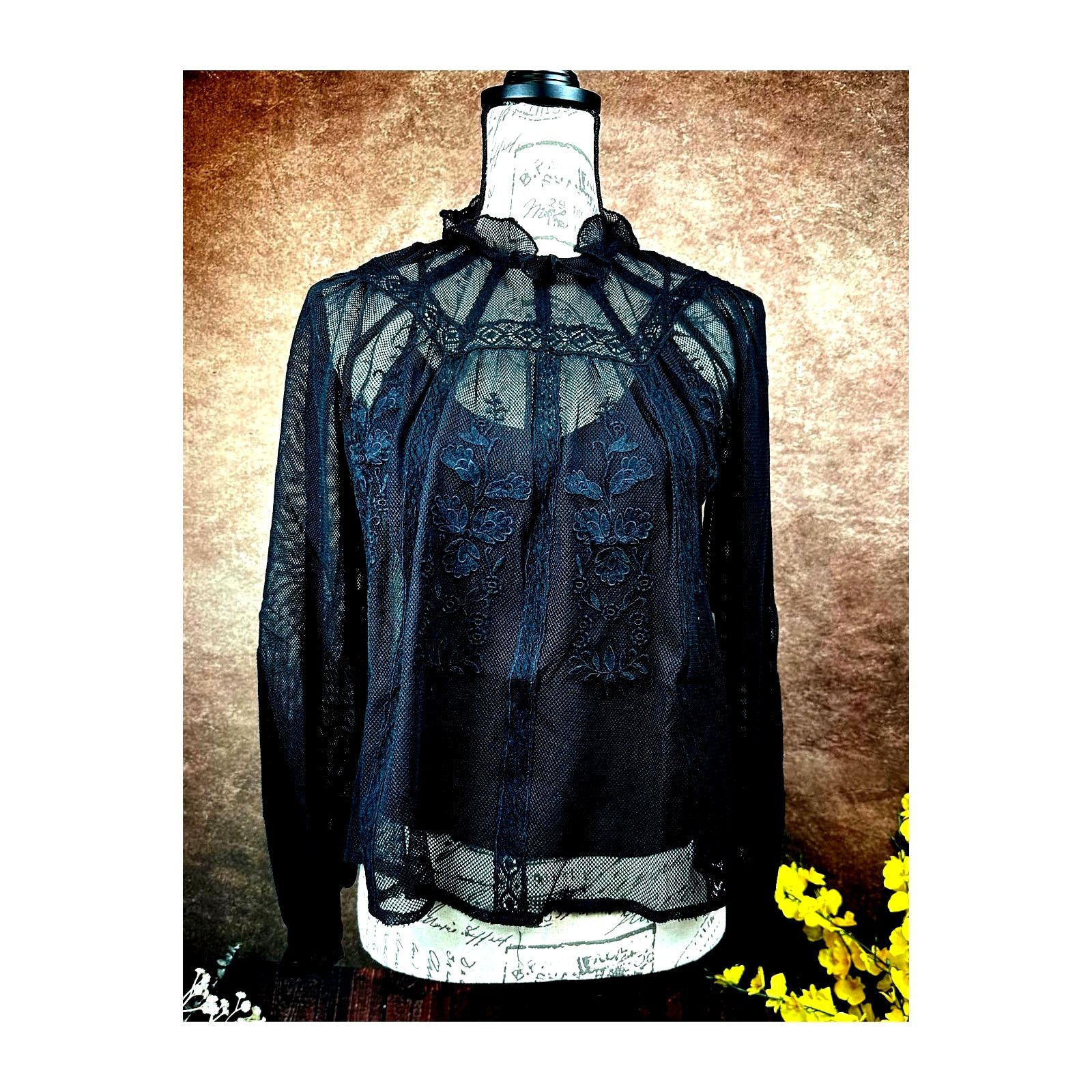 Other St Roche Lace Embroidered Ruffle Neck Flores Top Black 2 Size XS / US 0-2 / IT 36-38 - 2 Thumbnail
