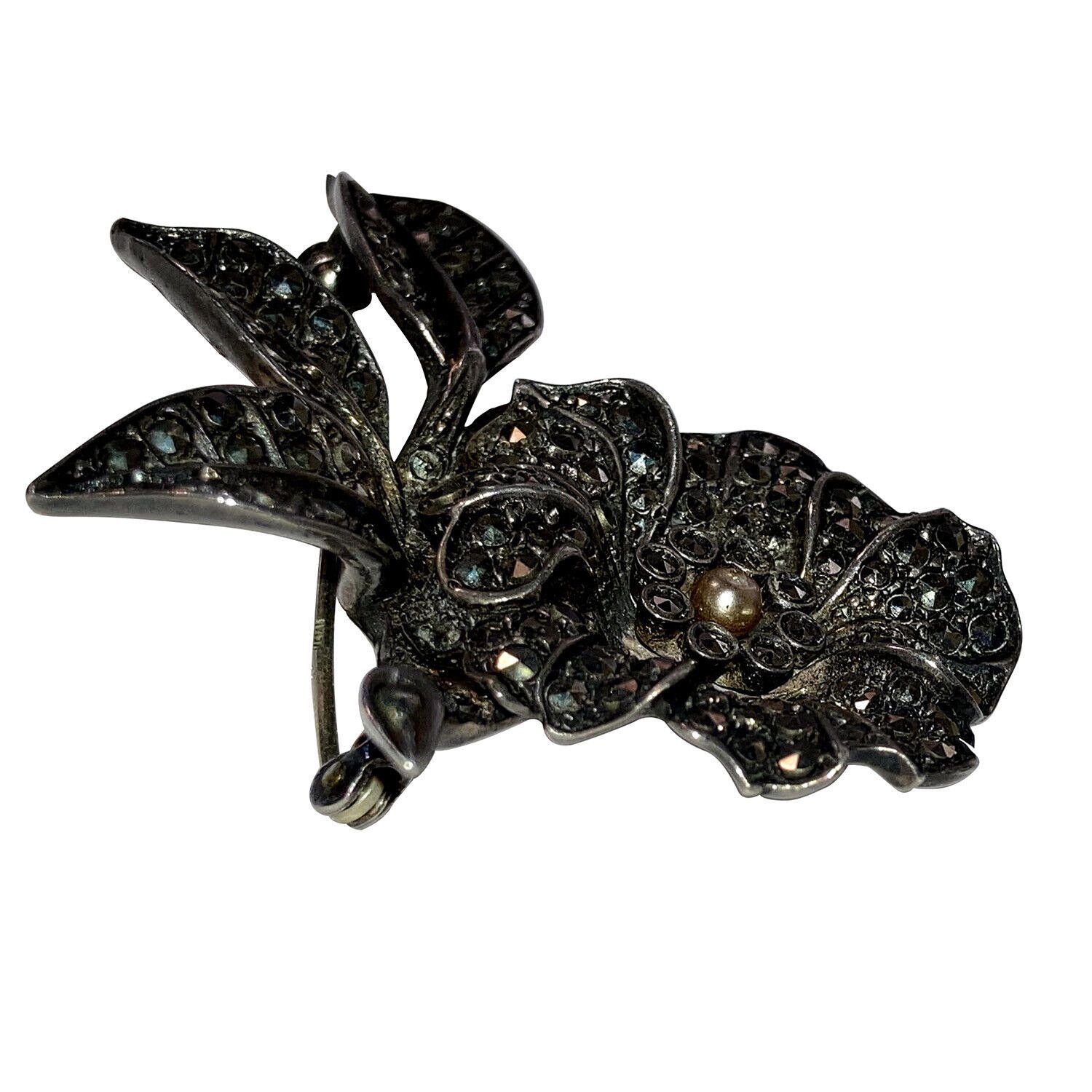 Designer Art Deco 800 Silver Marcasite Flower with Leaves Pin Brooch Size ONE SIZE - 2 Thumbnail