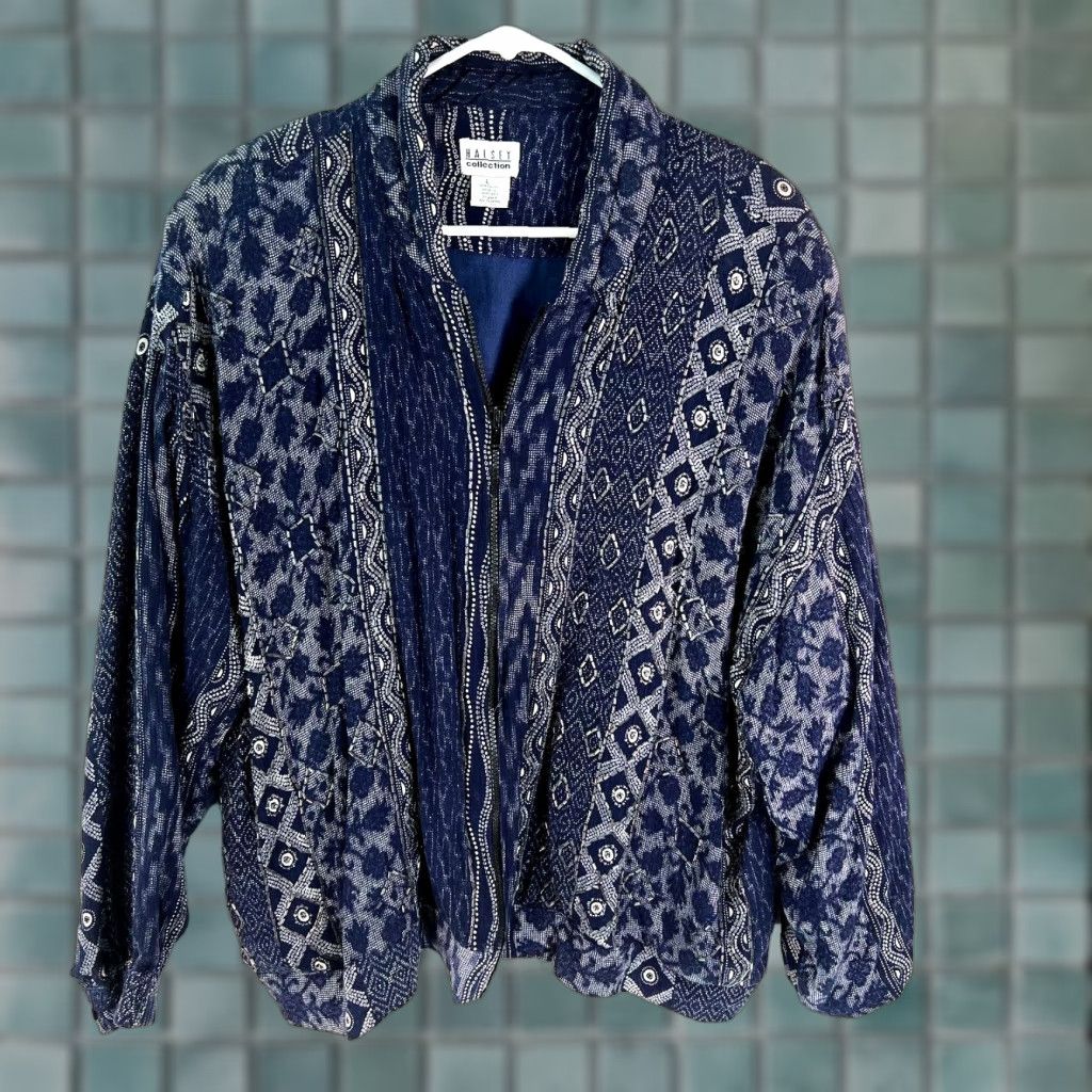 Vintage Vintage Halsey Collection Geometric Print Short Zip Jacket Women's Size L Blue Knit Fall Winter Size L / US 10 / IT 46 - 1 Thumbnail