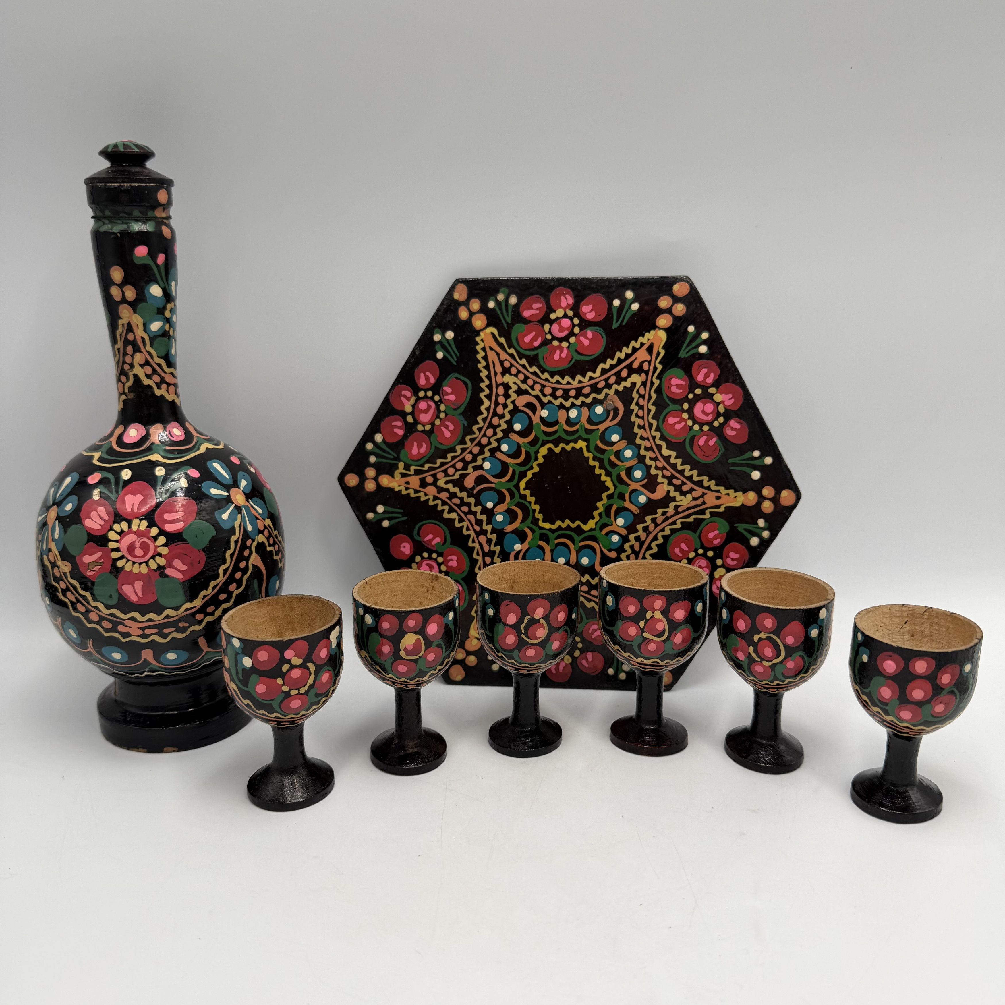 Vintage Vintage Hand Painted Wooden Decanter Set & 6 Goblets Tray Size ONE SIZE - 1 Thumbnail
