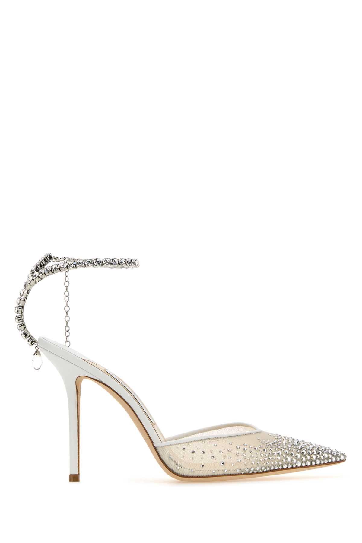 image of Jimmy Choo Embellished Mesh Saeda 100 Pumps Shoes in White, Women's (Size 8)