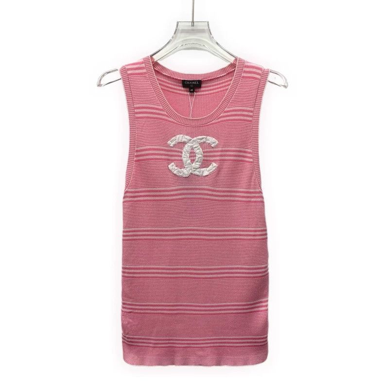 Chanel Chanel Pink striped logo embroidered cotton round-neck sle Size S / US 4 / IT 40 - 1 Thumbnail