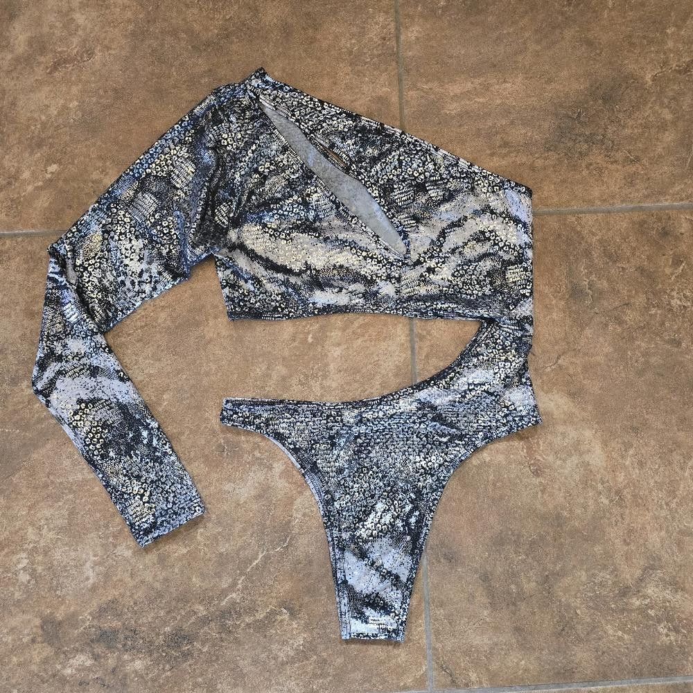 Designer Black Silver EL Long Sleeve Bodysuit Size ONE SIZE - 3 Thumbnail