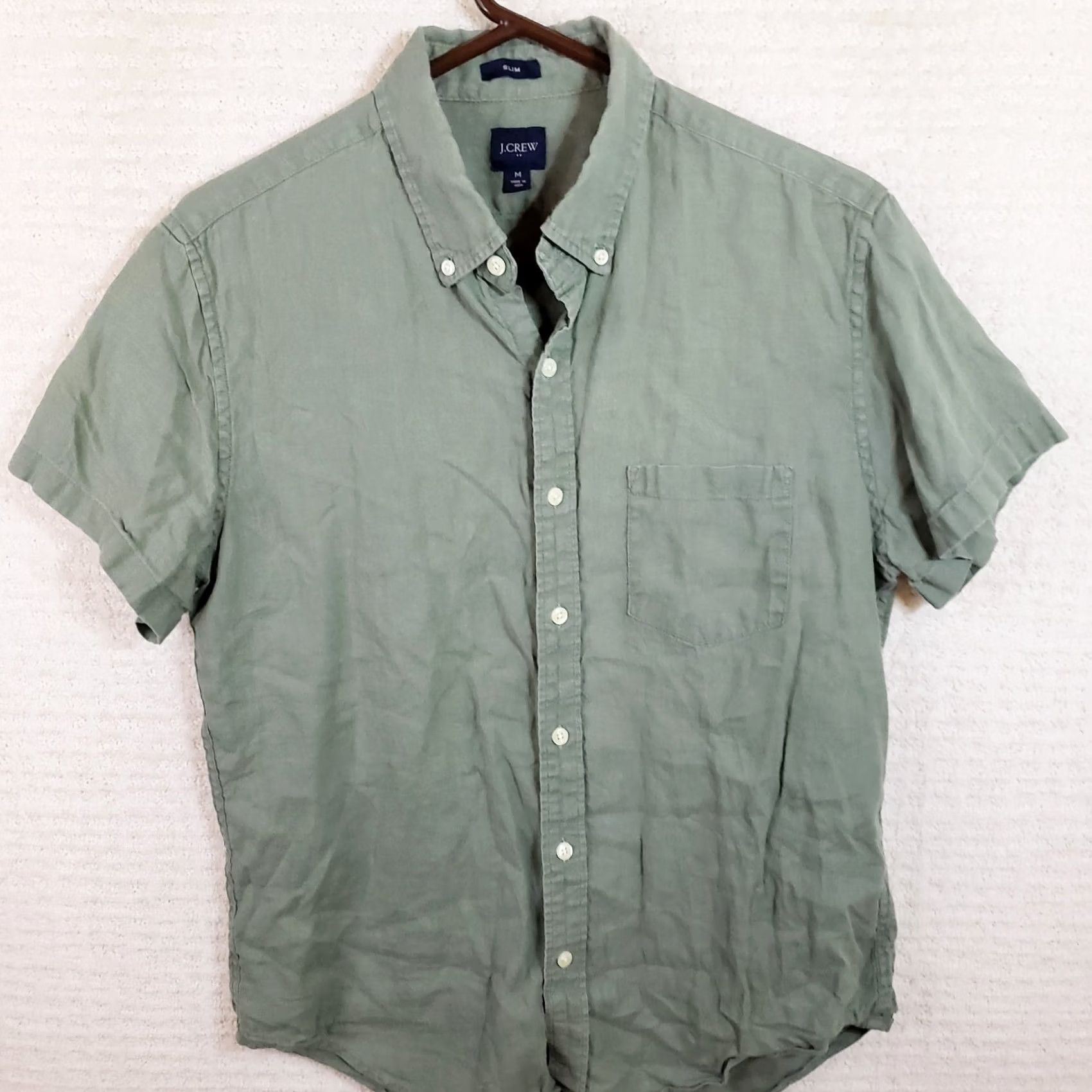 J.Crew J. Crew Shirt Mens M Green Slim Fit Linen Blend Short Sleeve Button-Up Collared Green Solid Casual Preppy Modern Men’s Shirt Size US M / EU 48-50 / 2 - 2 Thumbnail