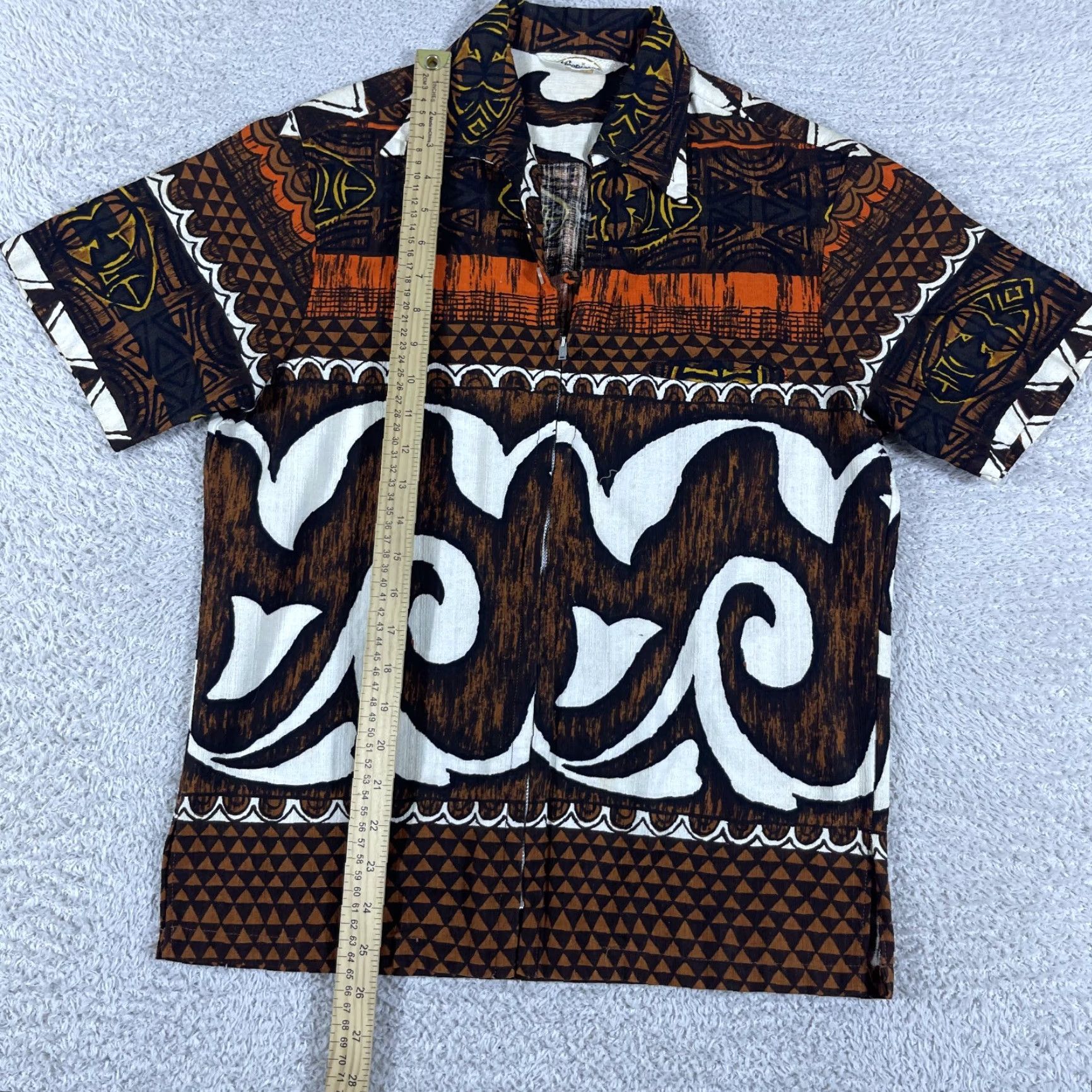 Vintage VINTAGE Tropicana Hawaiian Shirt Mens M Barkcloth Full Zip 60s Loop Cabana Geometric Short Sleeve Brown Zip Button-Up Mens Size US M / EU 48-50 / 2 - 6 Thumbnail