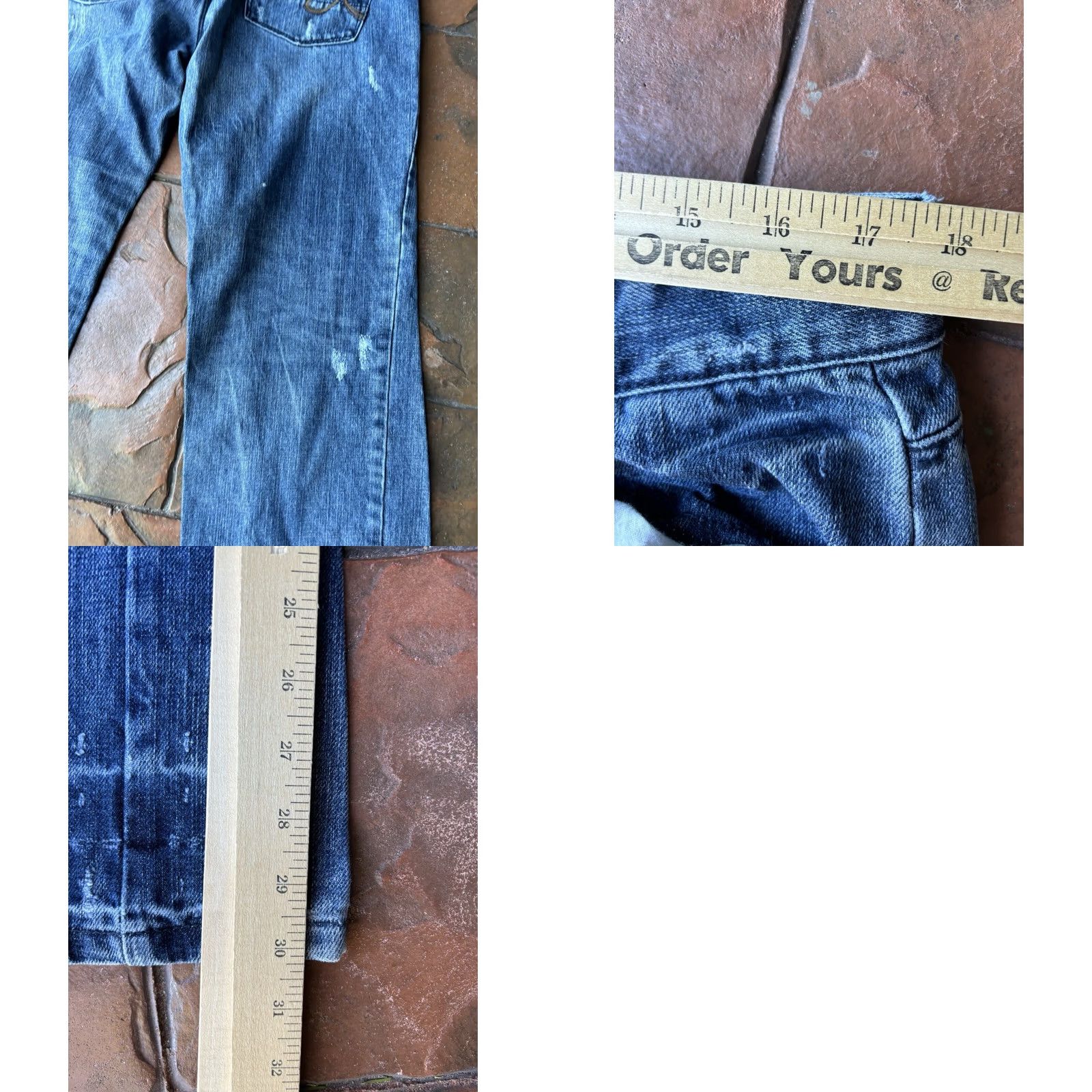 Marcs VINTAGE Marc Ecko Jeans 36x30 Regular 5-Pocket Denim Blue Cotton Embroidered Button Zip Distressed Stains Wide-Leg Men’s Clothing Size US 36 / EU 52 - 9 Thumbnail