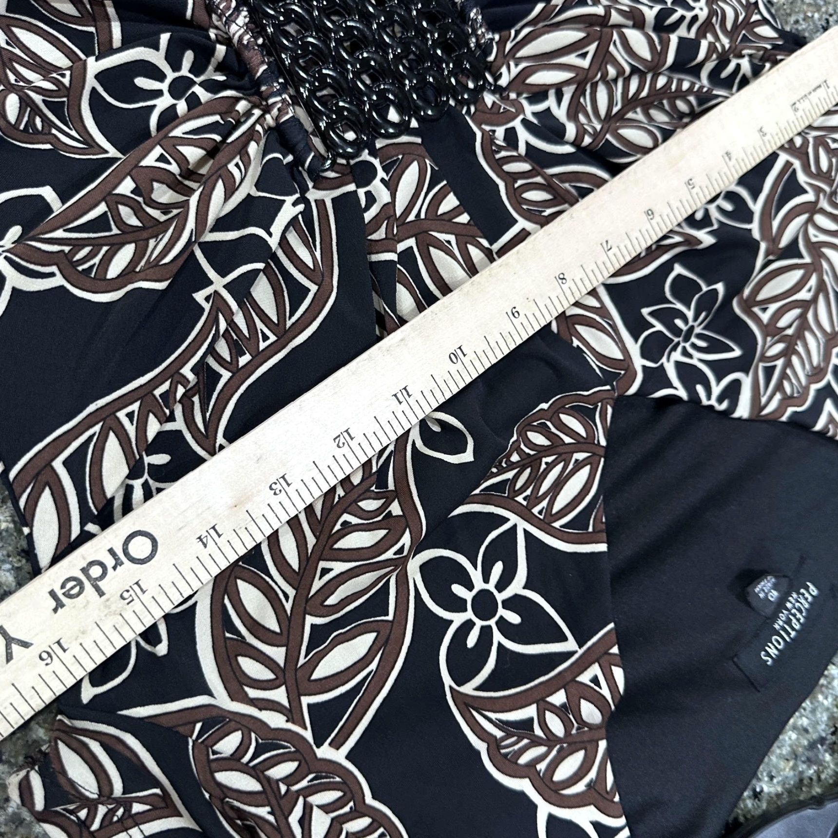 Vintage VINTAGE Perceptions Dress 10 Black Brown Leaf Print V-Neck Beaded Waist Whimsigoth Midi Dress Women Medium Black Size L / US 10 / IT 46 - 5 Thumbnail
