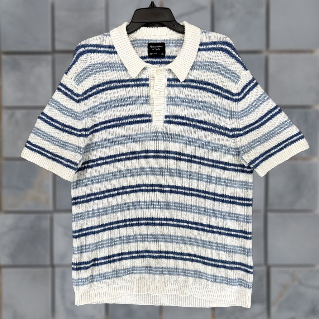 Abercrombie & Fitch Polo Shirt Medium Blue White Striped Cotton Knit Sweater Mens, Men's
