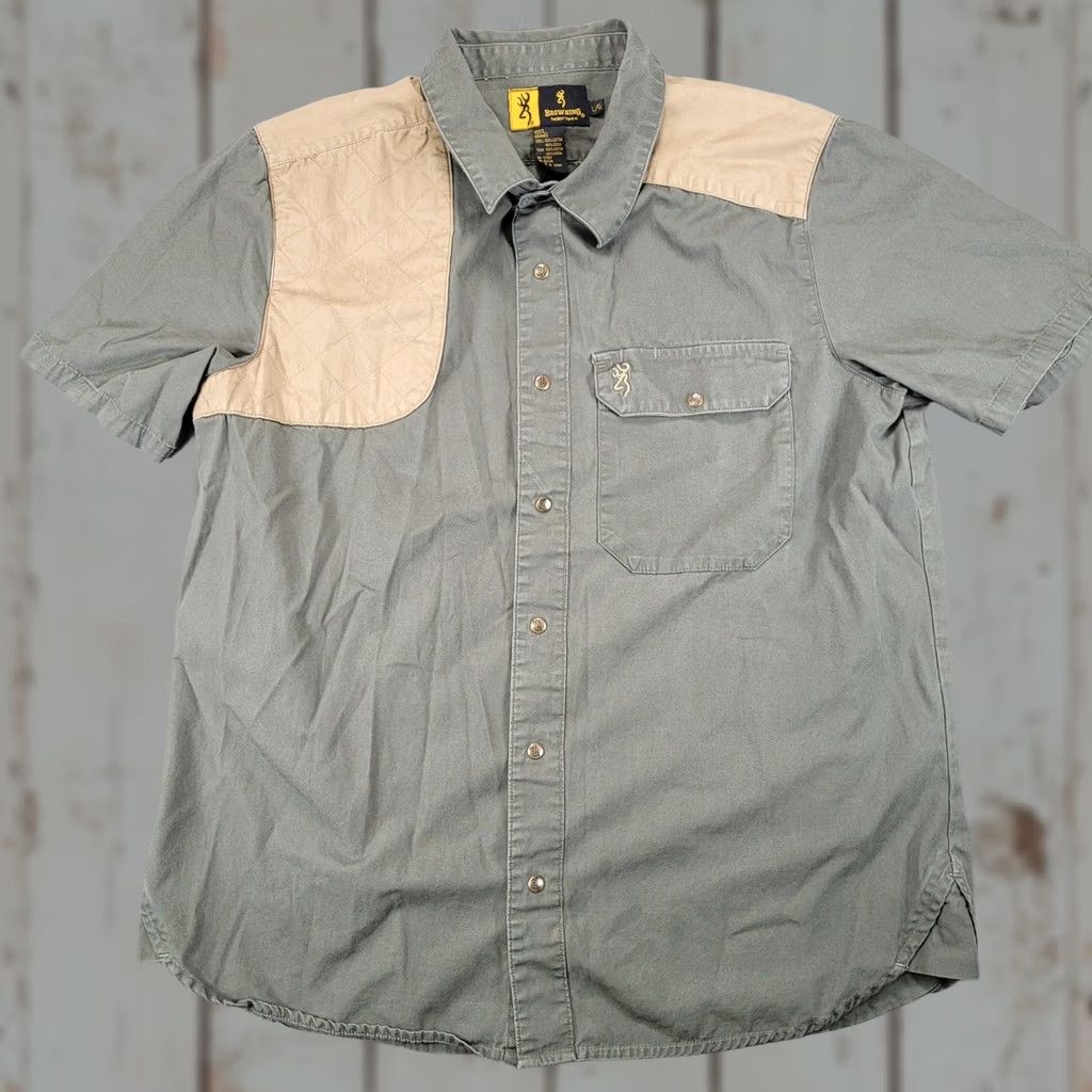 Vintage Browning Mens Large Shooting Shirt Olive Green Tan Quilted Shoulder Patch Size US L / EU 52-54 / 3 - 1 Thumbnail