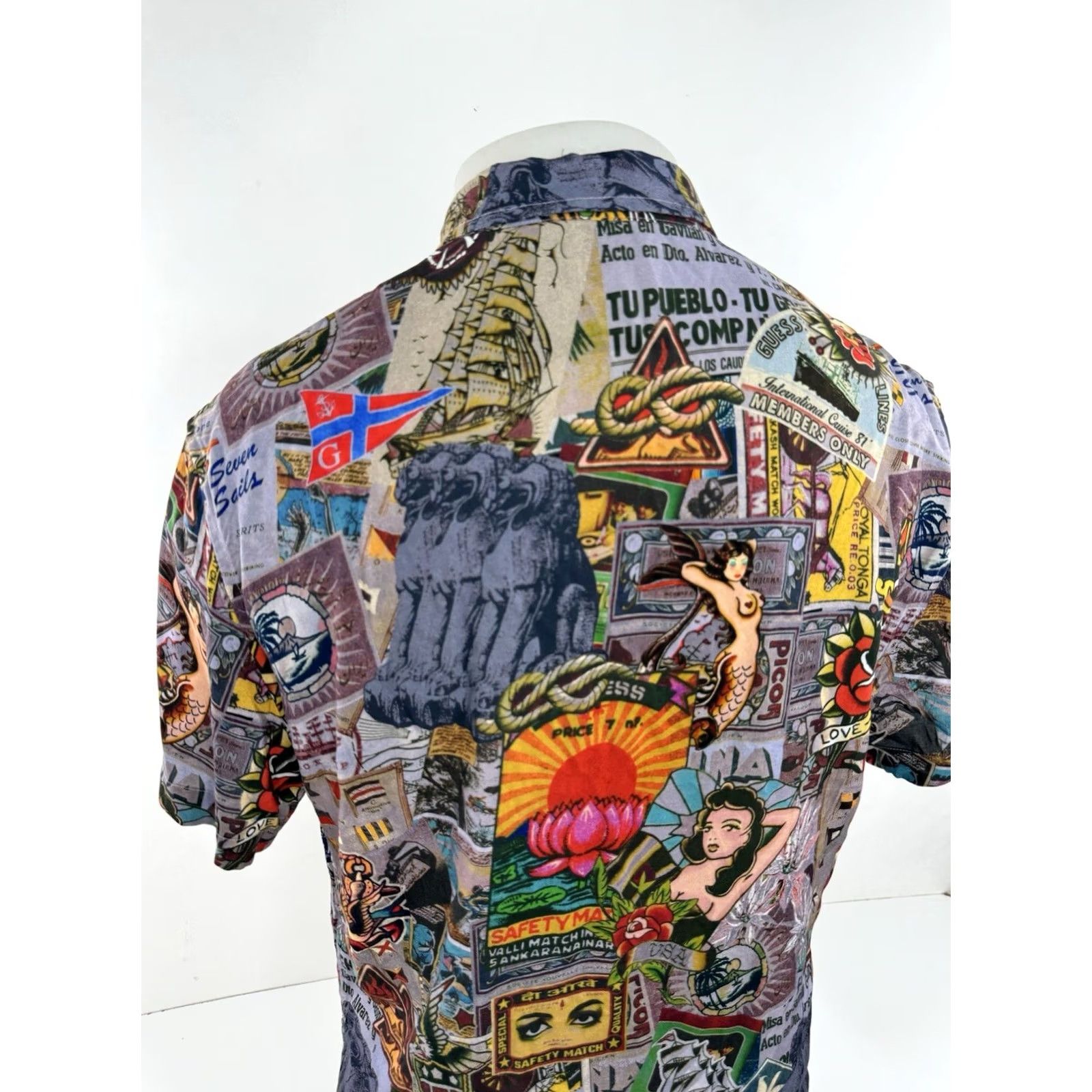 Guess GUESS Hawaiian Shirt Men's Short Sleeve Button-Up Mermaid Tattoo Nautical Travel L Multicolor Ship 90s Theme Girls Mens Boys Size US L / EU 52-54 / 3 - 7 Thumbnail