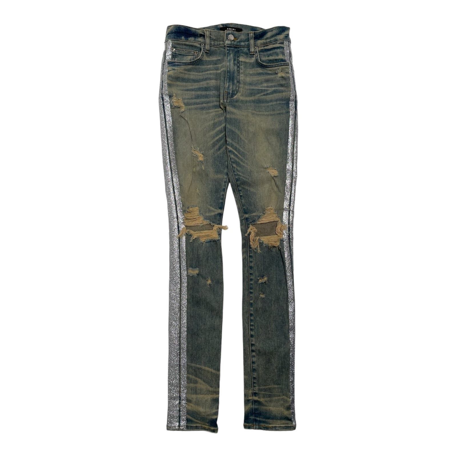 image of Amiri Silver Glitter Broken Track Jeans Dirty Indigo, Men's (Size 30)