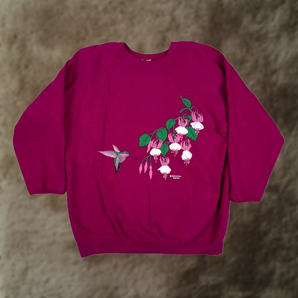 Vintage Morning Sun Purple Hummingbird Floral Crewneck Fleece Sweatshirt Womens M Size M Casual Long Sleeve Raglan Pullover Graphic Print Size M / US 6-8 / IT 42-44 - 1 Thumbnail
