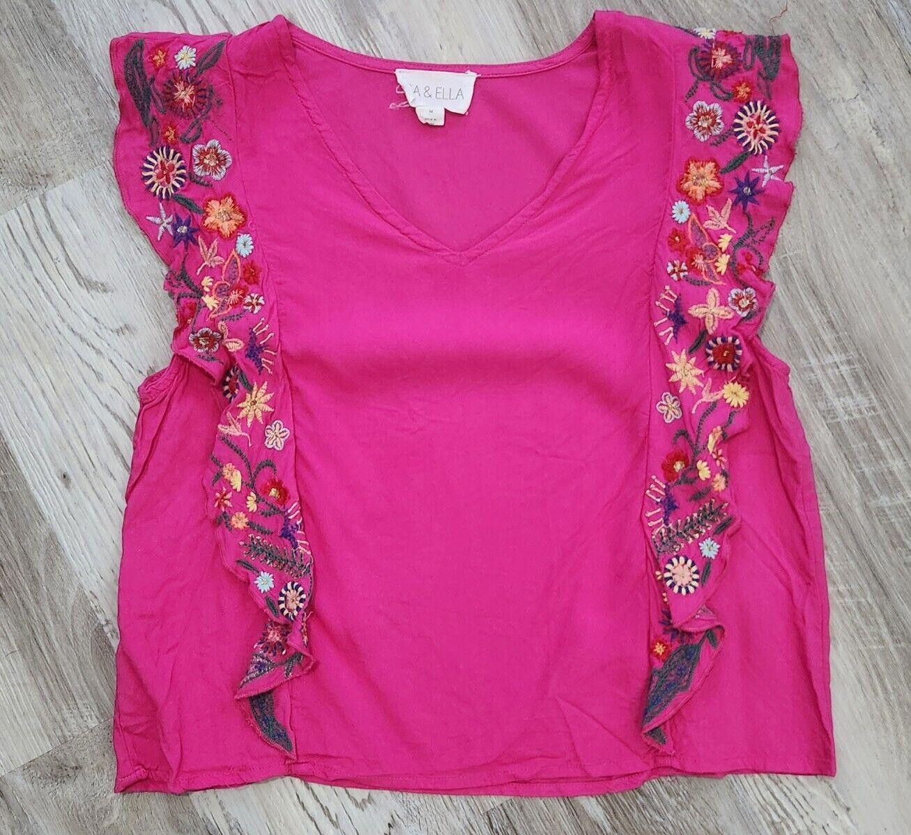 Ellesse Isa And Ella Top Medium Pink Floral Embroidered Boho Viscose Size M / US 6-8 / IT 42-44 - 1 Thumbnail