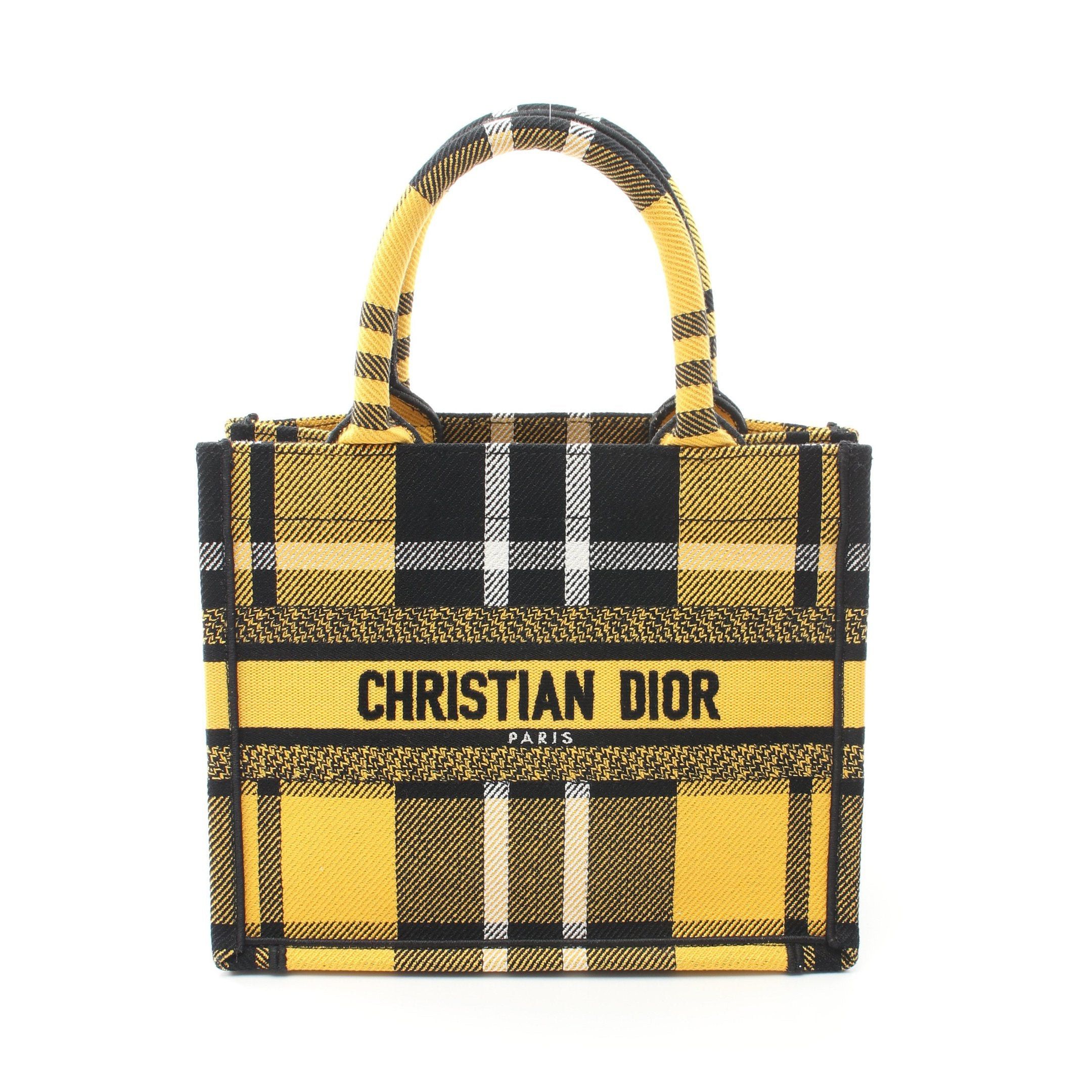 Dior Book Tote Small Handbag Bag Check Canvas Yellow Black White