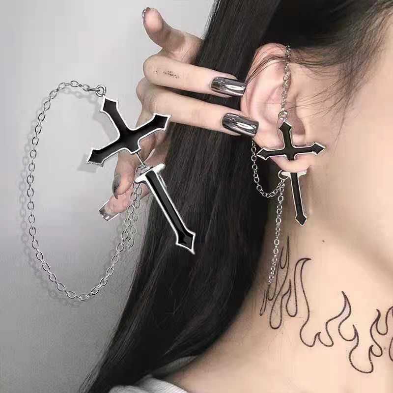 Jewelry Cross Dark Earrings One Pairs Chrome Jewelry Size ONE SIZE - 1 Thumbnail