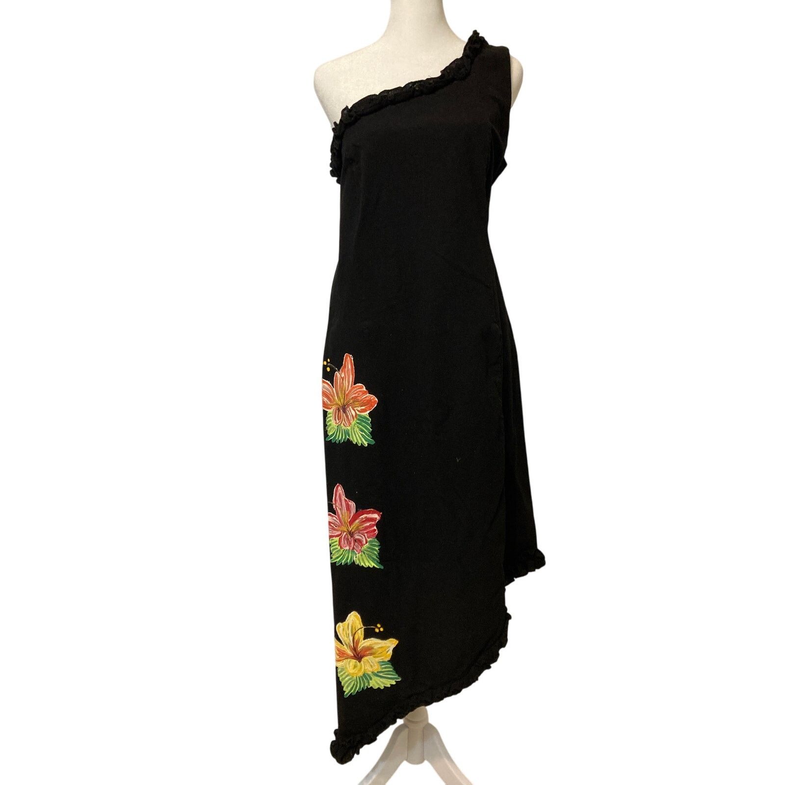 Other Mexico Handpaint Black Floral Ruffle One Shoulder Midi Dress Size S / US 4 / IT 40 - 1 Thumbnail