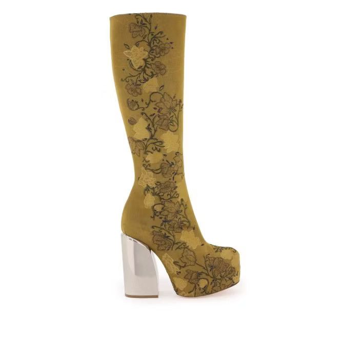 image of Dries Van Noten O1S22I1N0524 Embroidered Jacquard High Boots In Gold, Women's (Size 7)