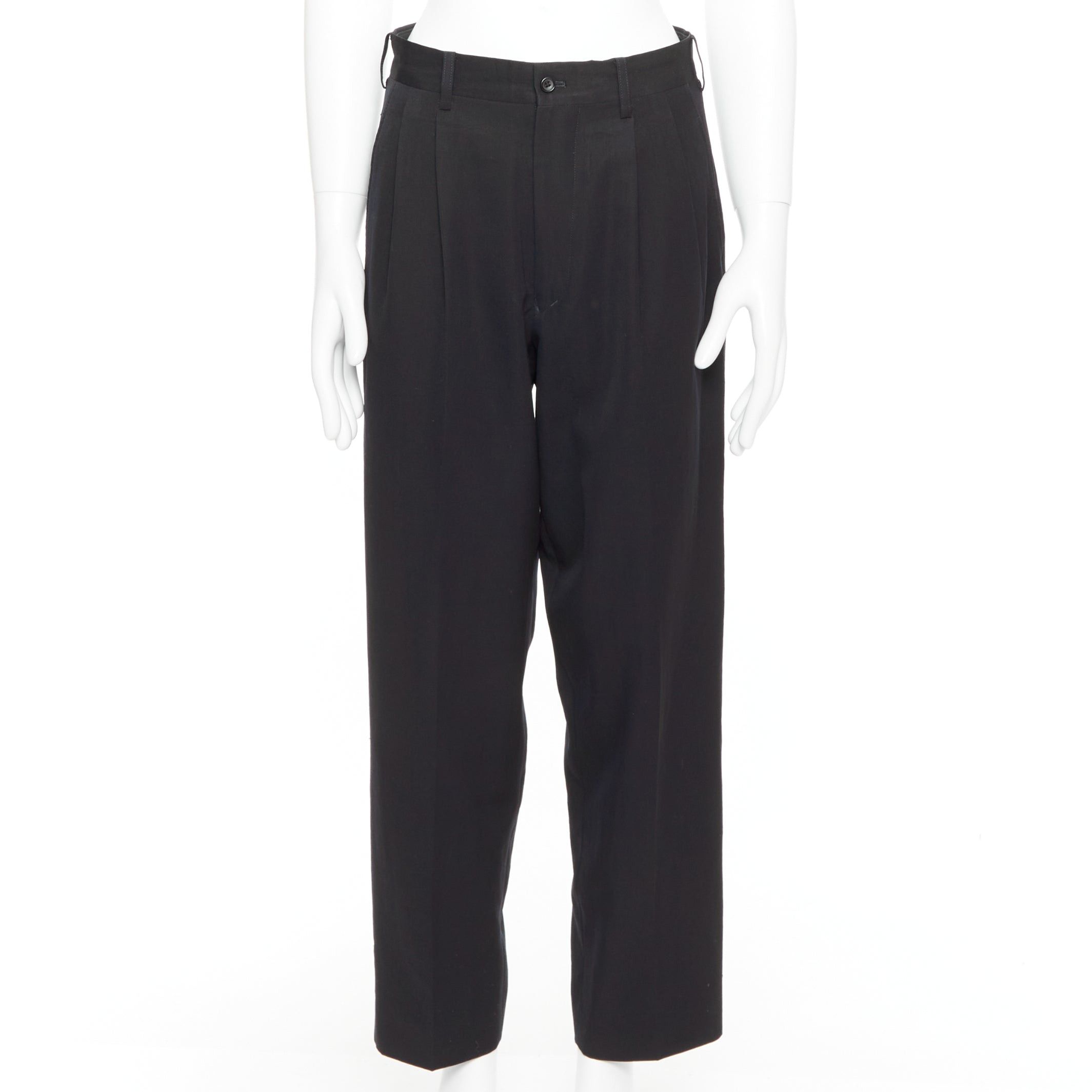 Yohji Yamamoto YOHJI YAMAMOTO navy 100% wool pleated front tapered wide trouser pants S Size US 29 - 1 Thumbnail