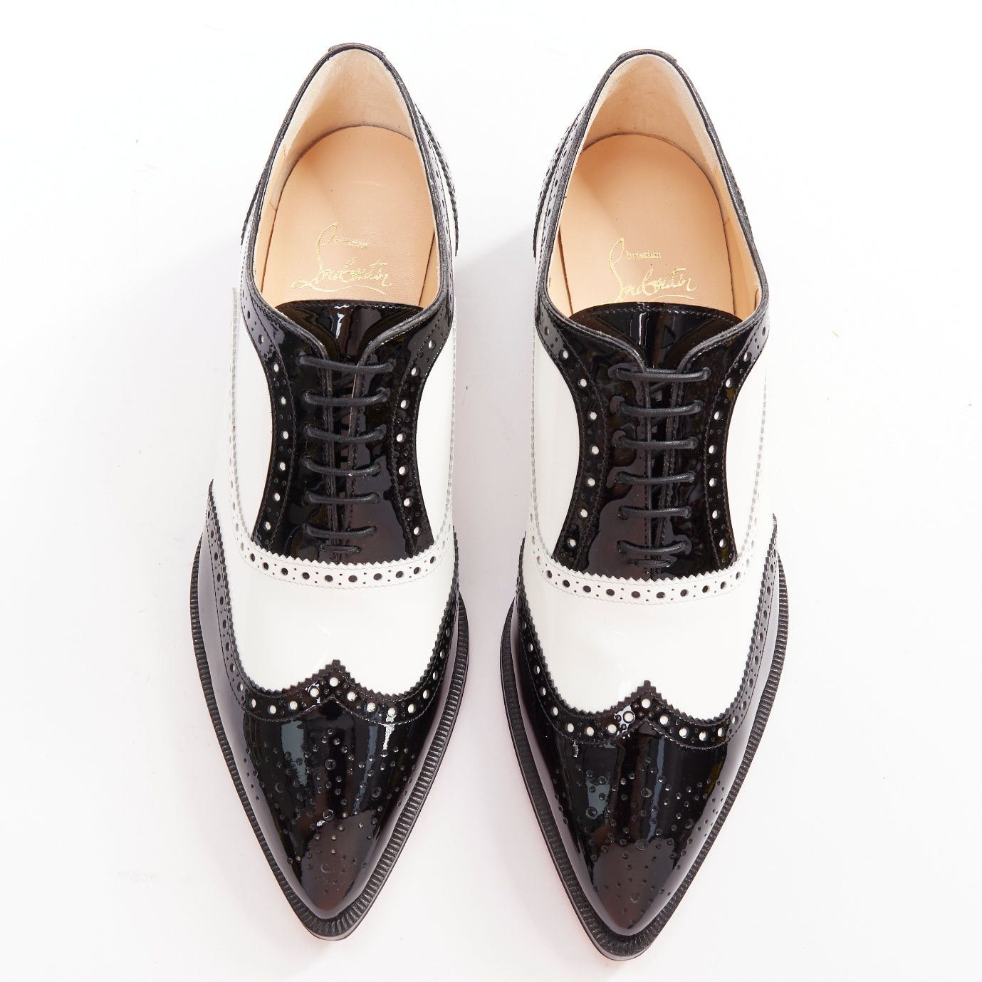 Christian Louboutin CHRISTIAN LOUBOUTIN Zazou Fiori Flat Patent black white leather point toe brogue EU38.5 Size US 8.5 / IT 38.5 - 1 Thumbnail