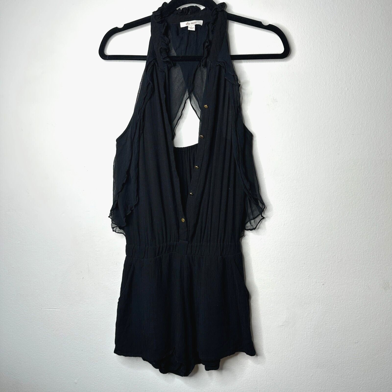 REVOLVE Ella Moss Black Piana Romper Tie Ruffle Trim Back Cut Out S Size 27" / US 4 / IT 40 - 1 Thumbnail