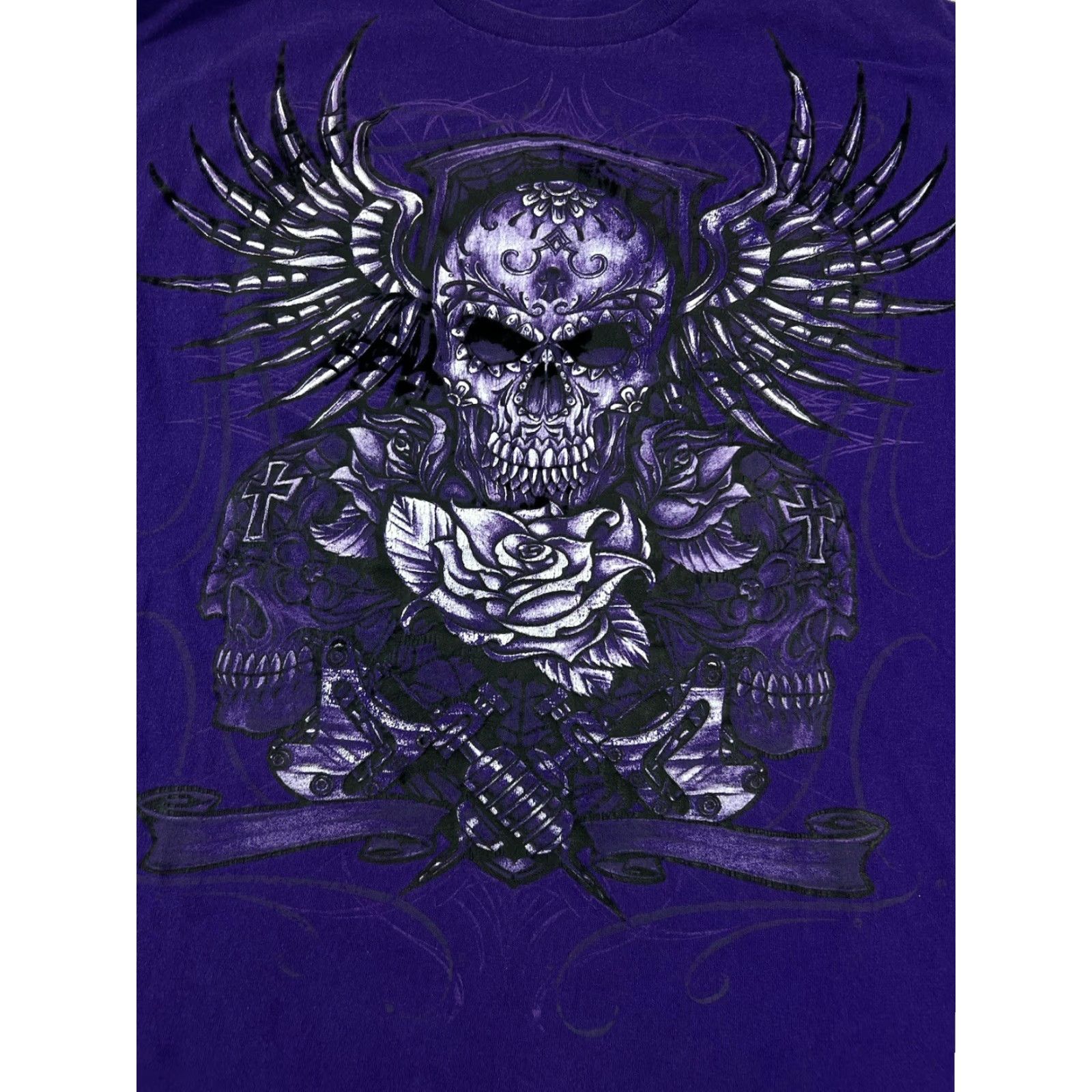Gildan VINTAGE Gildan T-Shirt Men Grunge Skull Wings Rose Purple Purple T Shirt Size L Regular Graphic Print Short Sleeve 90s Pinkman Gothic Size US L / EU 52-54 / 3 - 3 Thumbnail