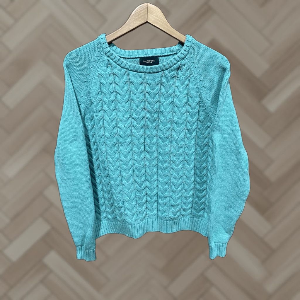 Lands' End Lands' End Sweater Women's Large 14-16 Green Drifter Cable Knit Pullover Cotton Knit Casual Pullover. Size L / US 10 / IT 46 - 1 Thumbnail