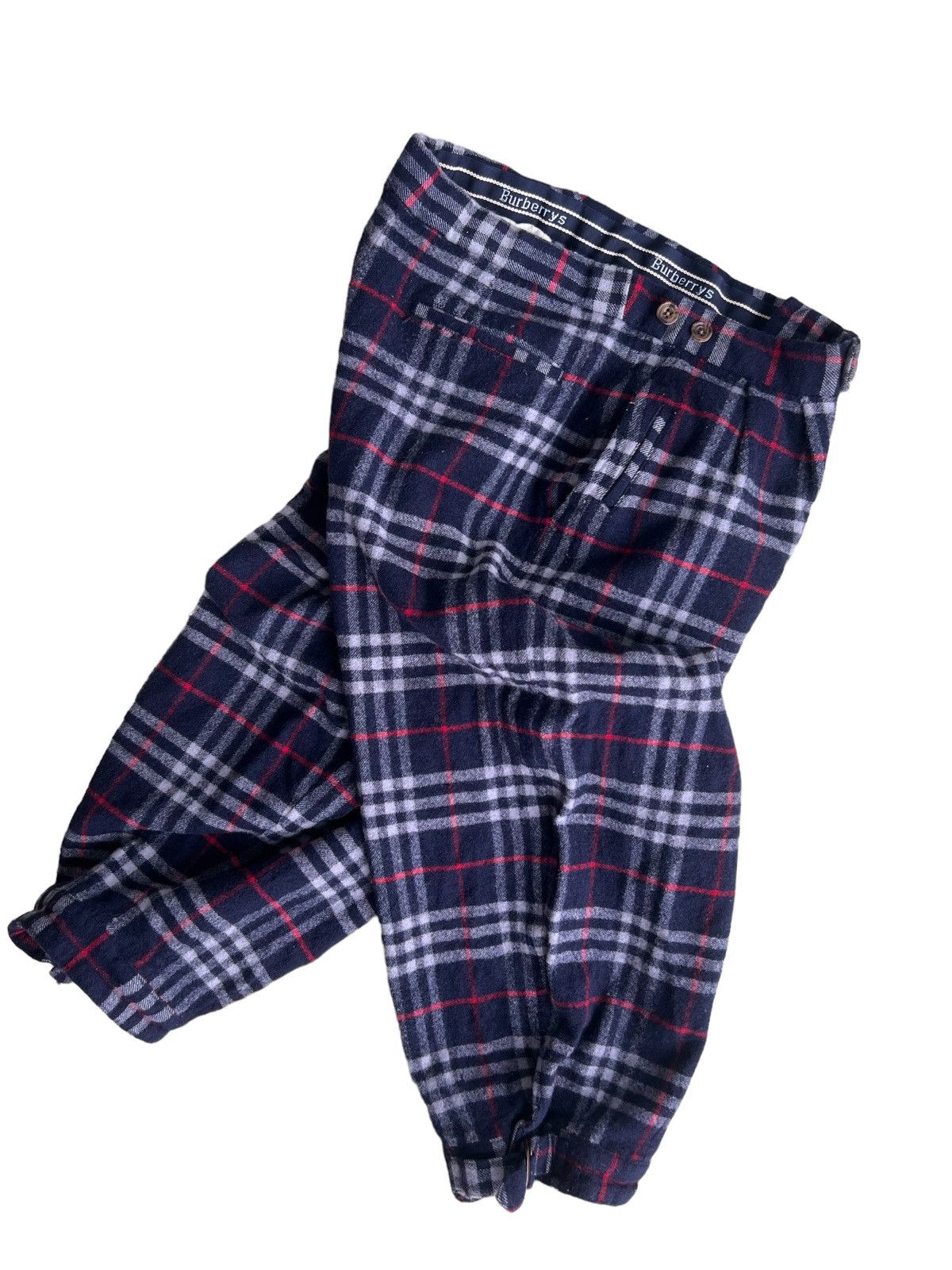 image of 1980S Burberrys Classic Tartan Nova Checked Wool Pants in Blue Tartan, Men's (Size 28)