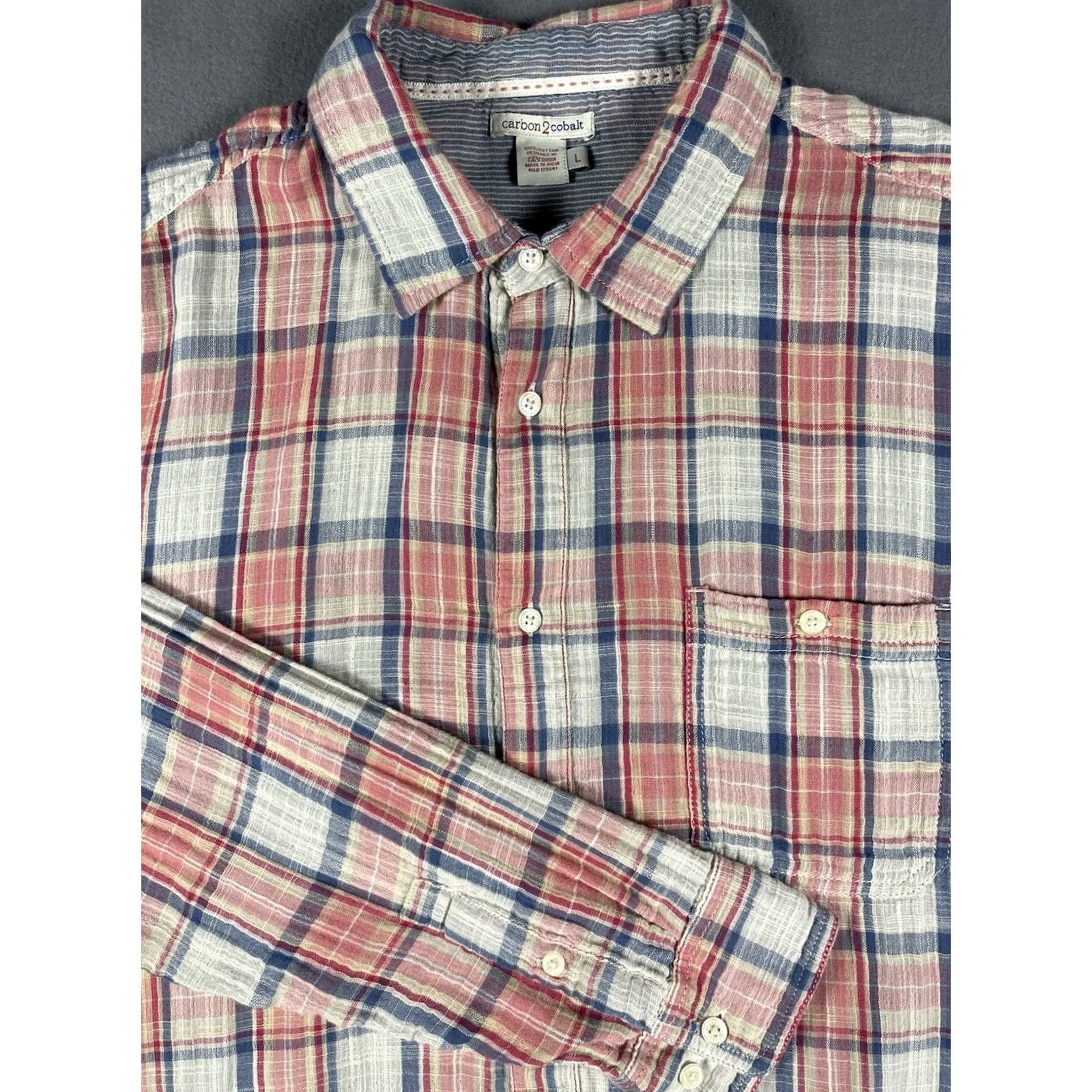 Carbon VINTAGE Carbon 2 Cobalt Shirt Mens Large Red Plaid Button-Up Long Sleeve Chambray Linen/Cotton Grunge Size US L / EU 52-54 / 3 - 2 Thumbnail
