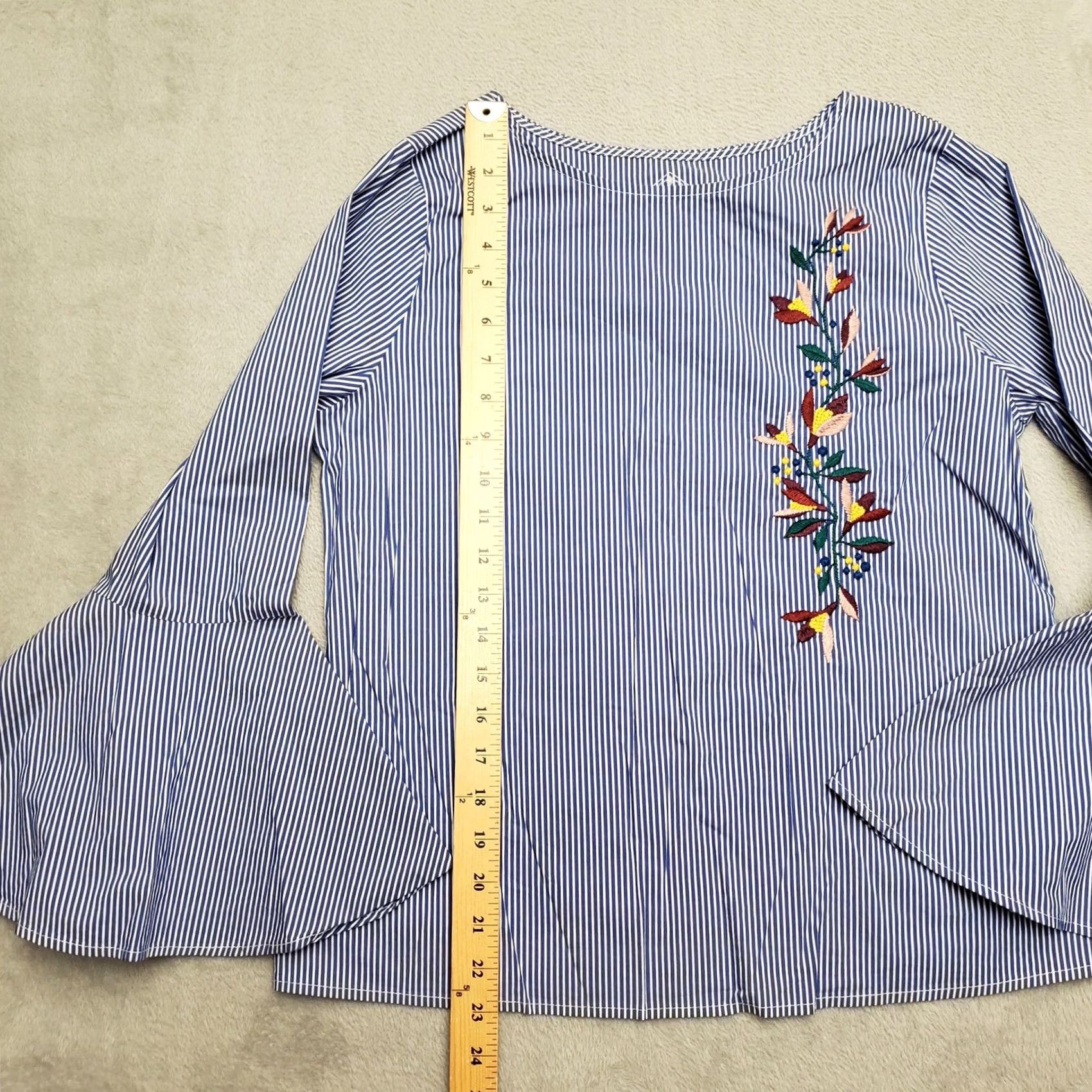 Vintage St Johns Bay Shirt Womens M Petite Blue Striped Floral Embroidered Bell Sleeve Shirt Womens PM Blue Striped Floral Embroidered Bell Sleeve Size M / US 6-8 / IT 42-44 - 6 Thumbnail