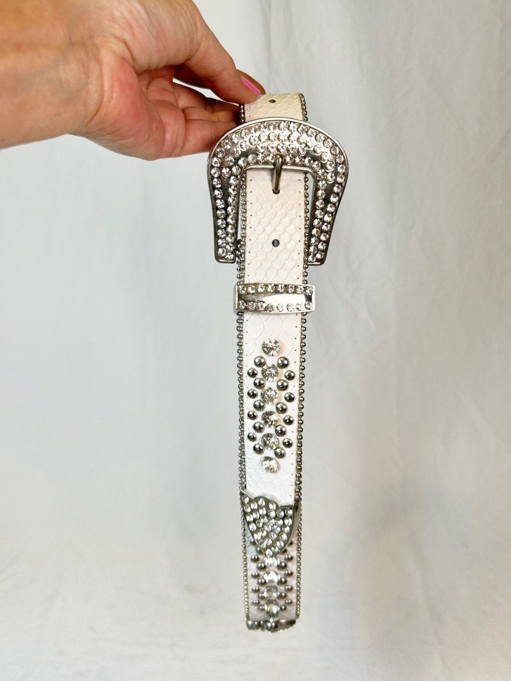Other White Leather Snakeskin Rhinestone Fleur de Lis Western Belt Size ONE SIZE - 2 Thumbnail