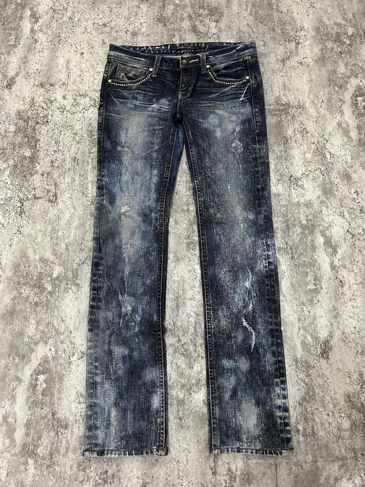 If Six Was Nine × Japanese Brand × Le Grande Bleu (L.G.B.) Buckaro Design Acid Wash Pattern Distressed Denim Pants Size 28" / US 6 / IT 42 - 2 Thumbnail