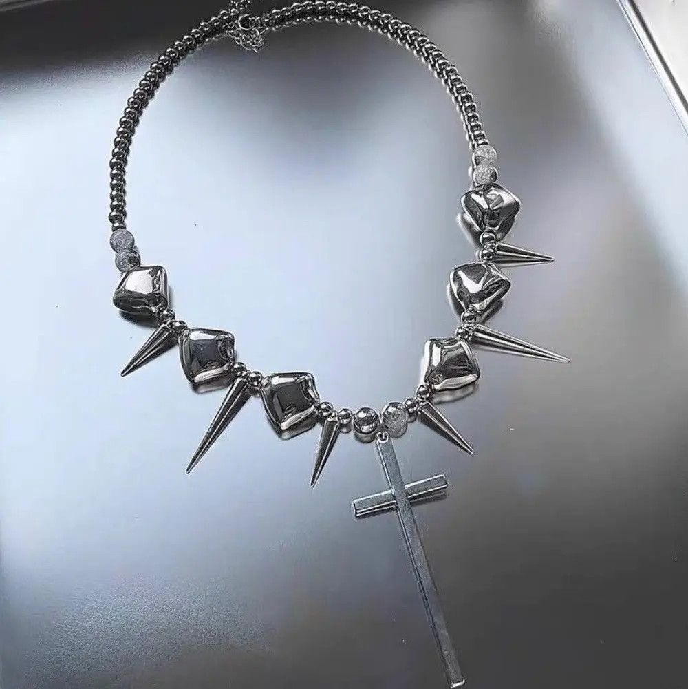Designer × Jewelry Silver Color Thorns Punk With Cross Necklace Choker Size ONE SIZE - 3 Thumbnail