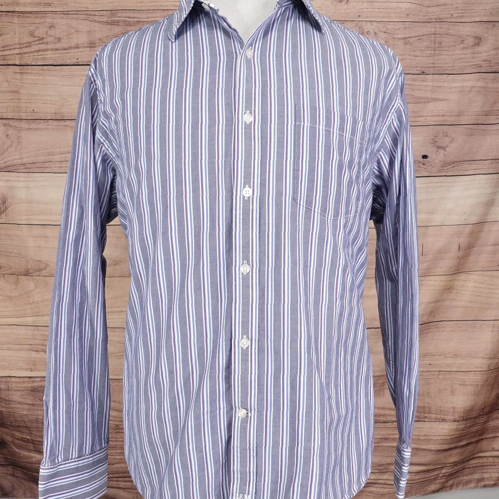 Johnston & Murphy VINTAGE Johnston & Murphy Shirt Mens XL Blue Striped Tailored Fit Cotton Long Sleeve Size US XL / EU 56 / 4 - 3 Thumbnail