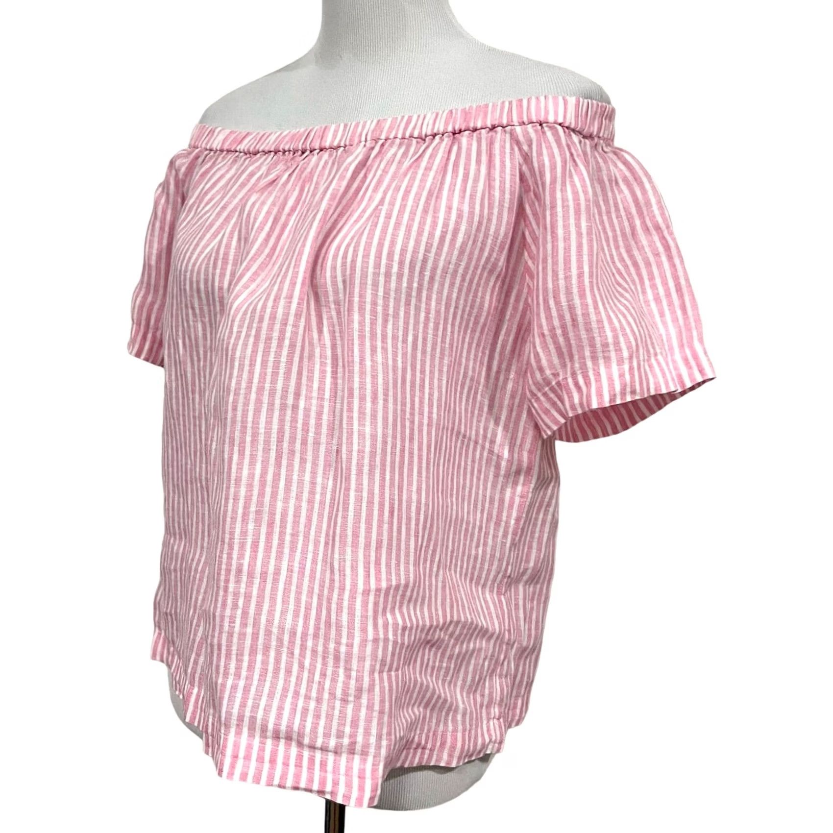 J.Crew J.Crew Pink Off Shoulder Top Linen Striped Women’s Size S Blouse Size S / US 4 / IT 40 - 2 Thumbnail