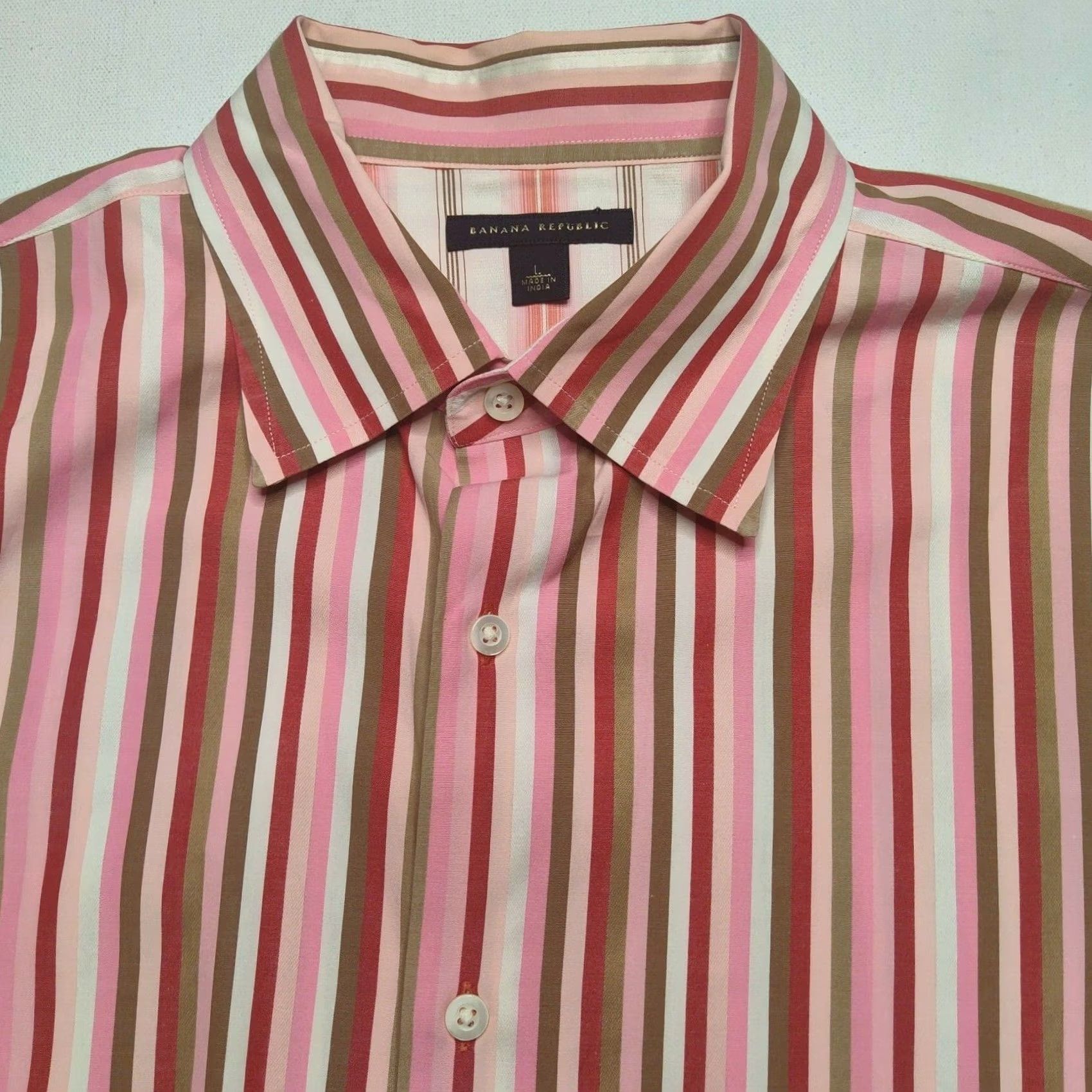 Banana Republic Banana Republic Shirt Men Large Pink Striped Cotton Button-Up Open Collar Long Sleeve Flip Cuff 100% Cotton Shirt Size US L / EU 52-54 / 3 - 2 Thumbnail