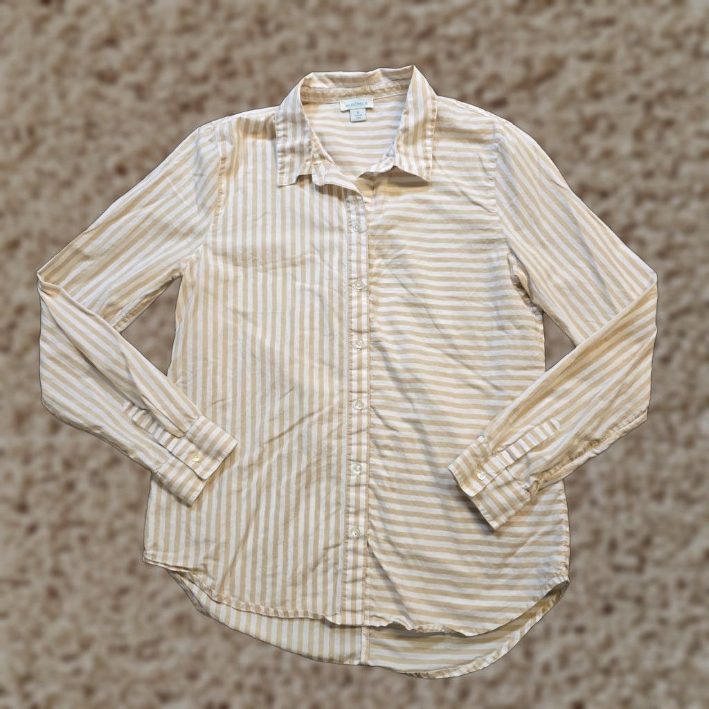 Vintage Sundance Blouse Shirt Womens Size S Beige White Striped Button Collar Knit 100% Cotton Casual Career Size S / US 4 / IT 40 - 1 Thumbnail